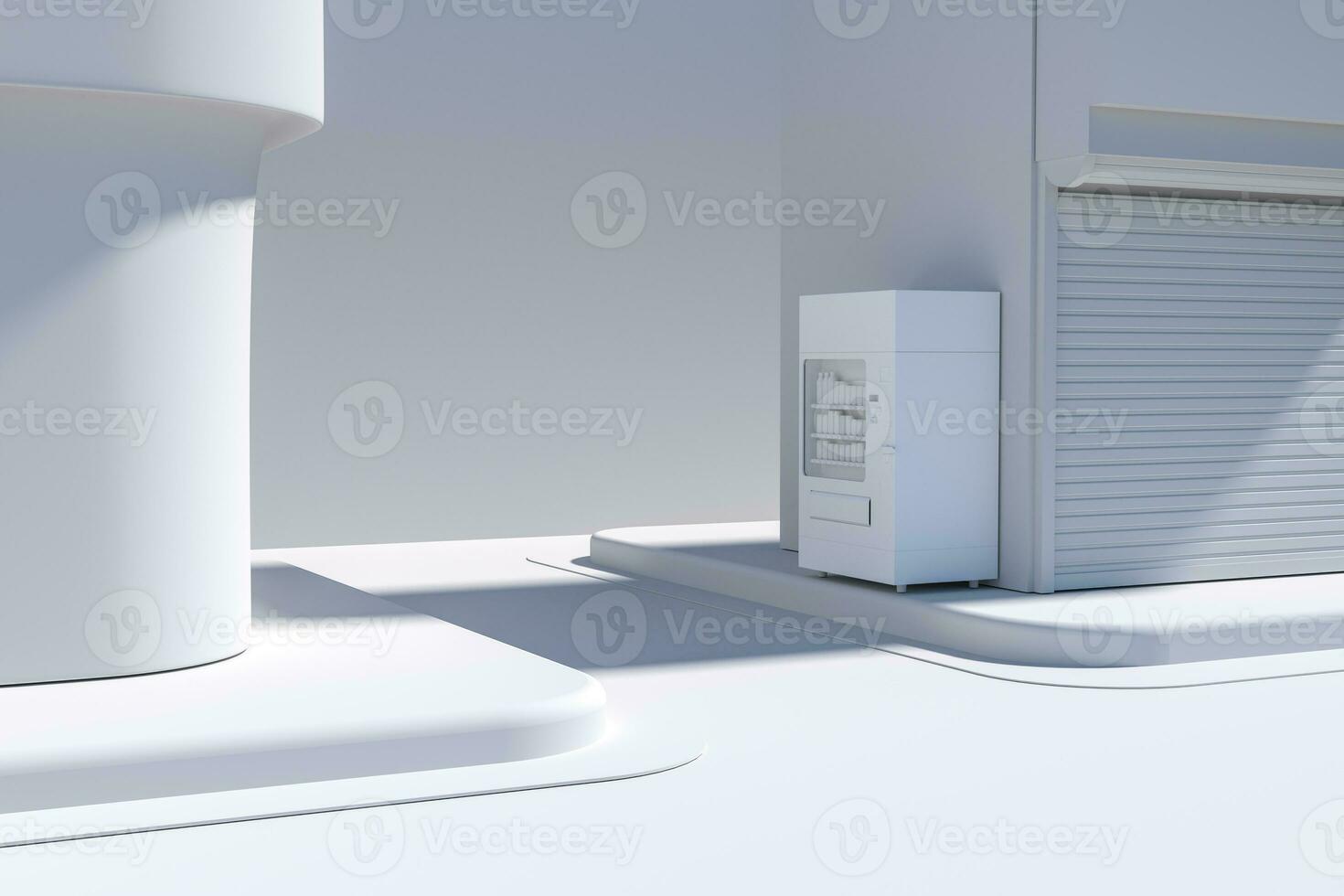 The street corner of a city, with a vending machine by the road, 3d rendering. photo