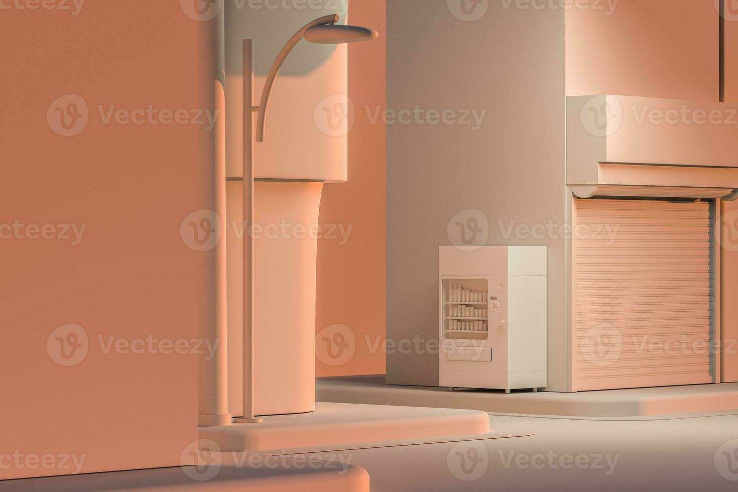 The street corner of a city, with a vending machine by the road at sunset, 3d rendering. photo