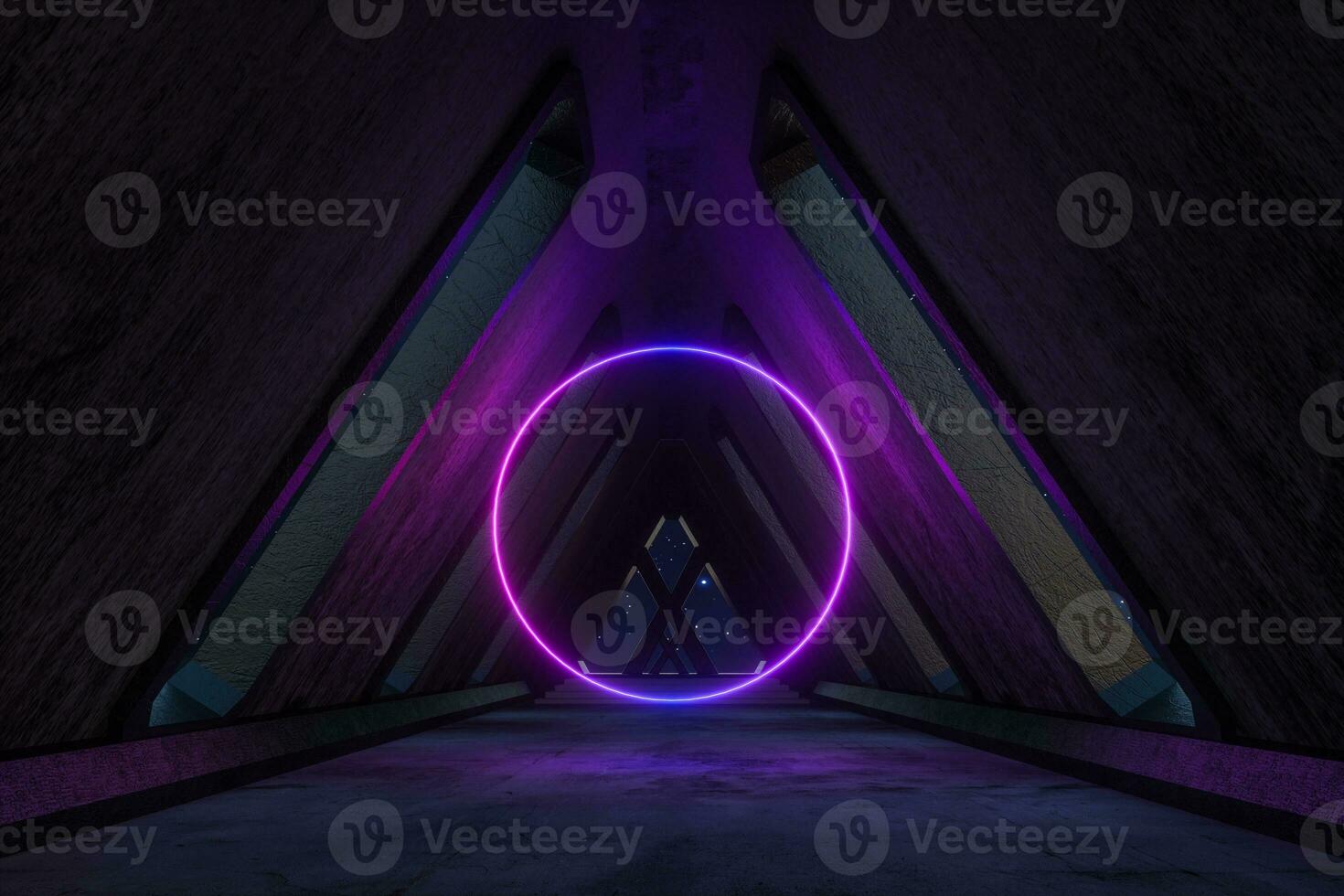 Fantasy concrete tunnel building with glowing neon light. 3d rendering. photo
