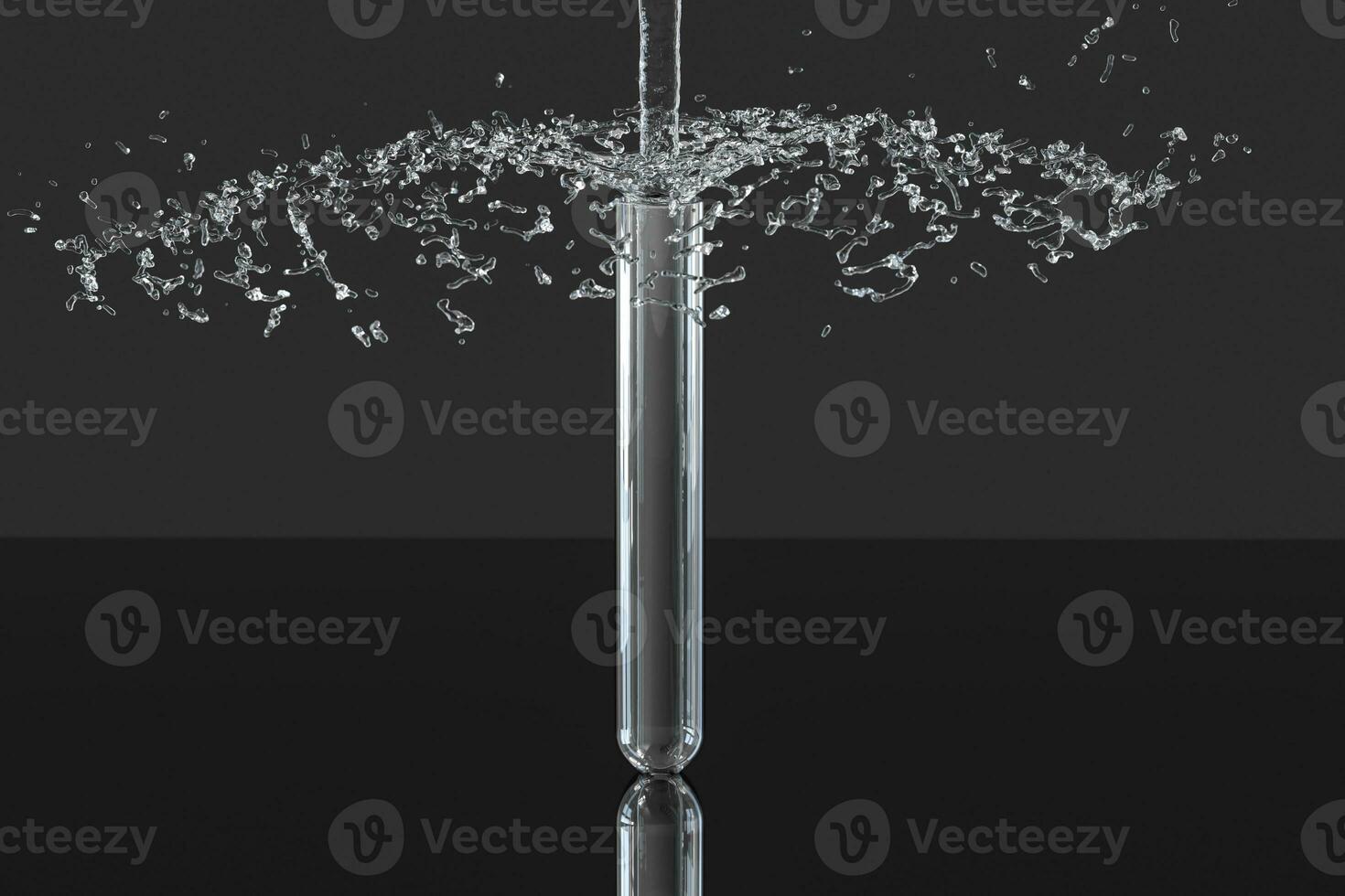 Chemical test tube and splashing water in the lab, 3d rendering. photo