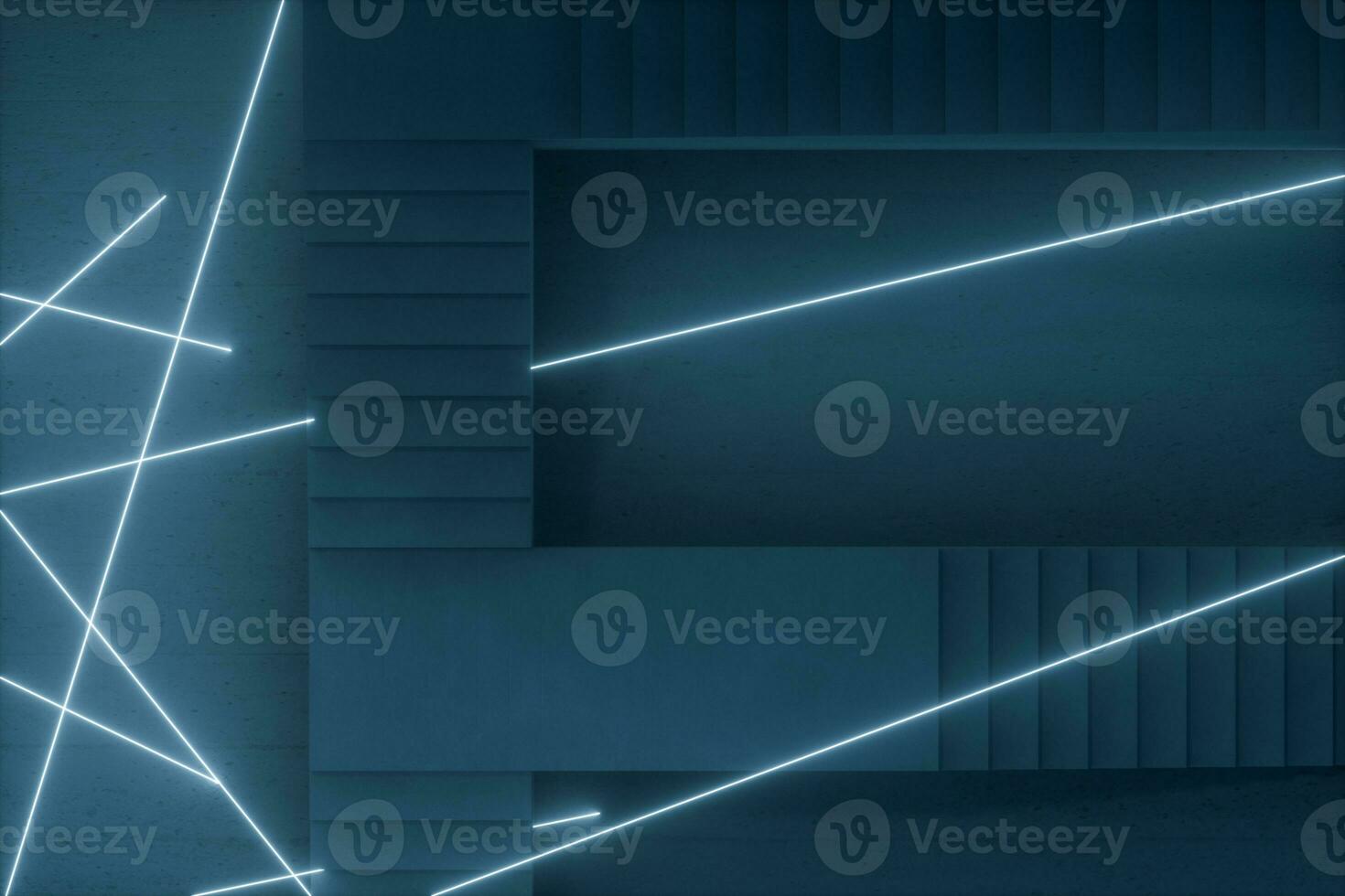 The stairway in the dark basement with glowing lines, 3d rendering. photo