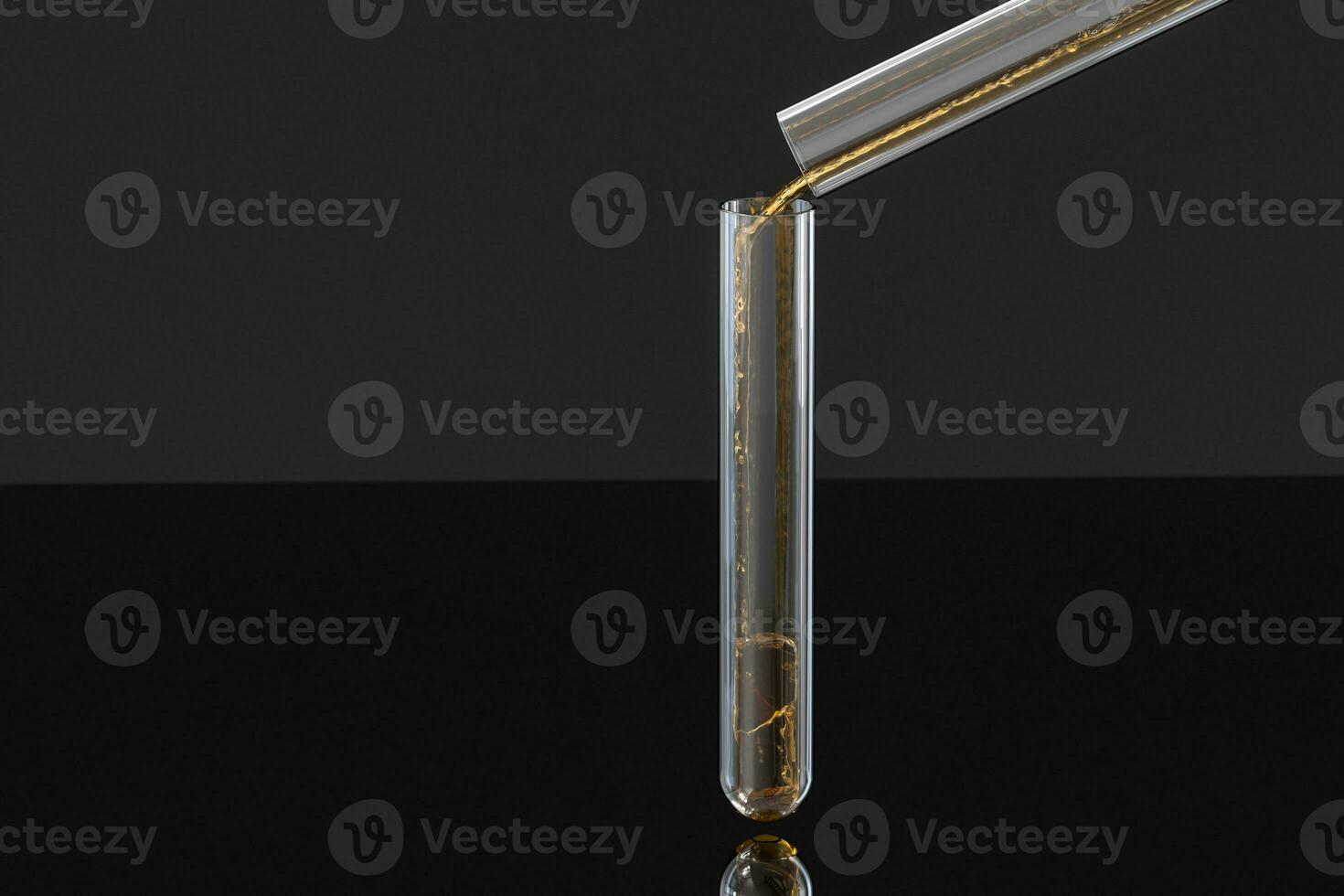 Chemical test tube with golden liquid in the lab, 3d rendering. photo