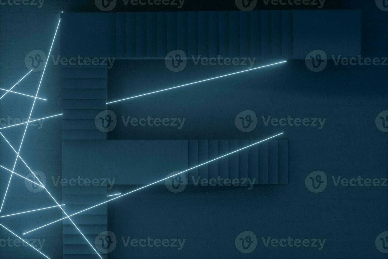 The stairway in the dark basement with glowing lines, 3d rendering. photo