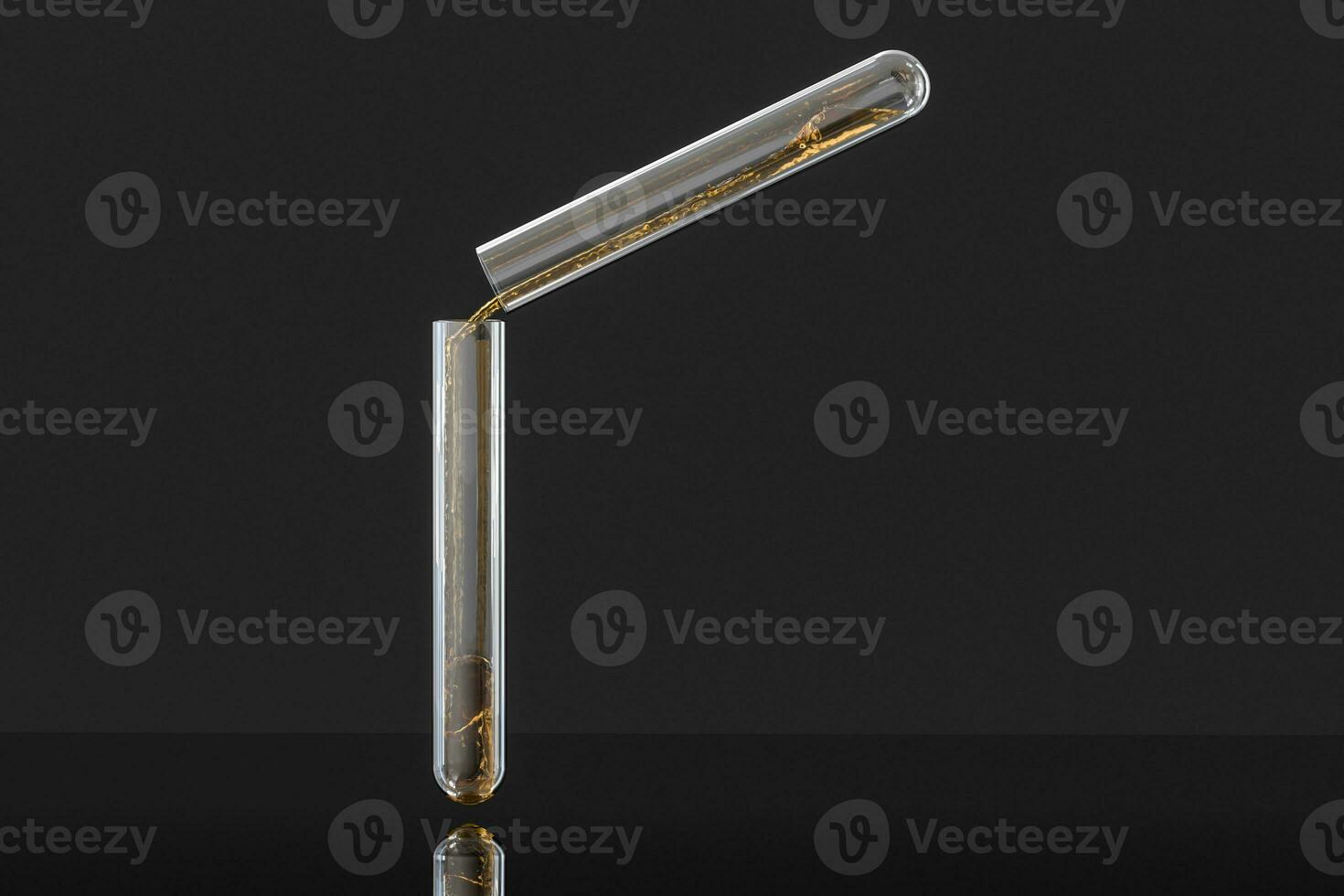 Chemical test tube with golden liquid in the lab, 3d rendering. photo