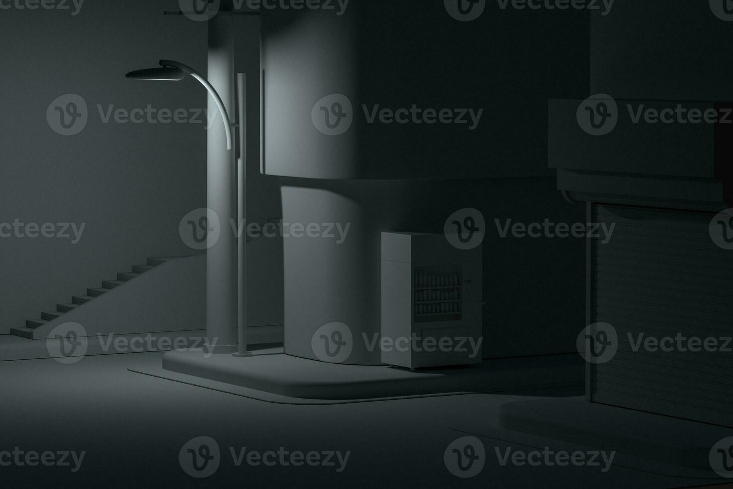 The street corner of a city, with a vending machine by the road at night, 3d rendering. photo