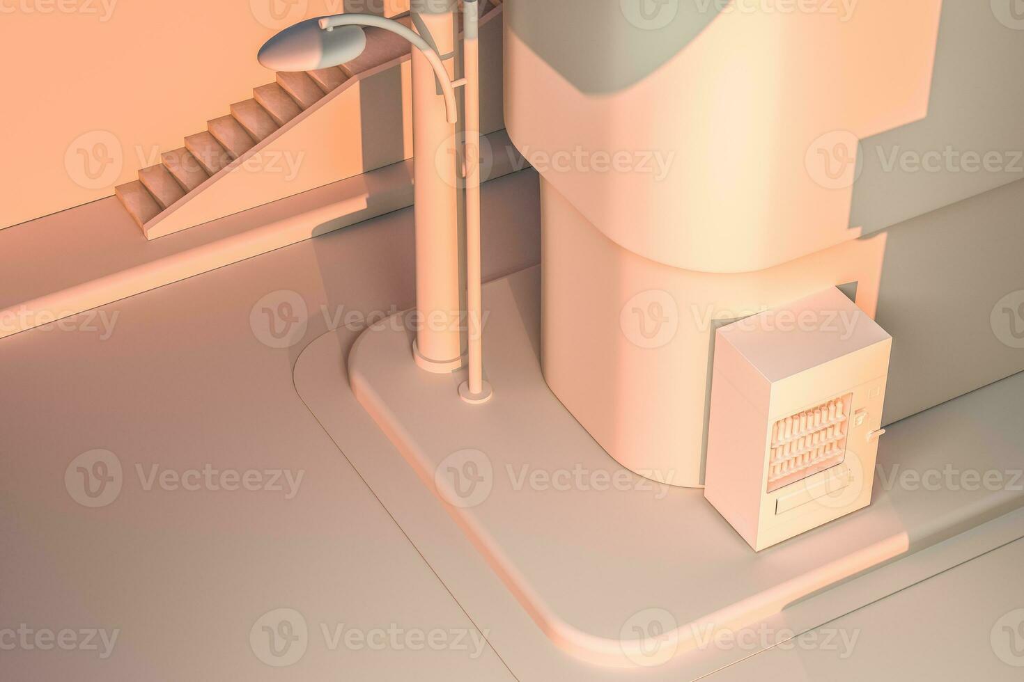 The street corner of a city, with a vending machine by the road at sunset, 3d rendering. photo