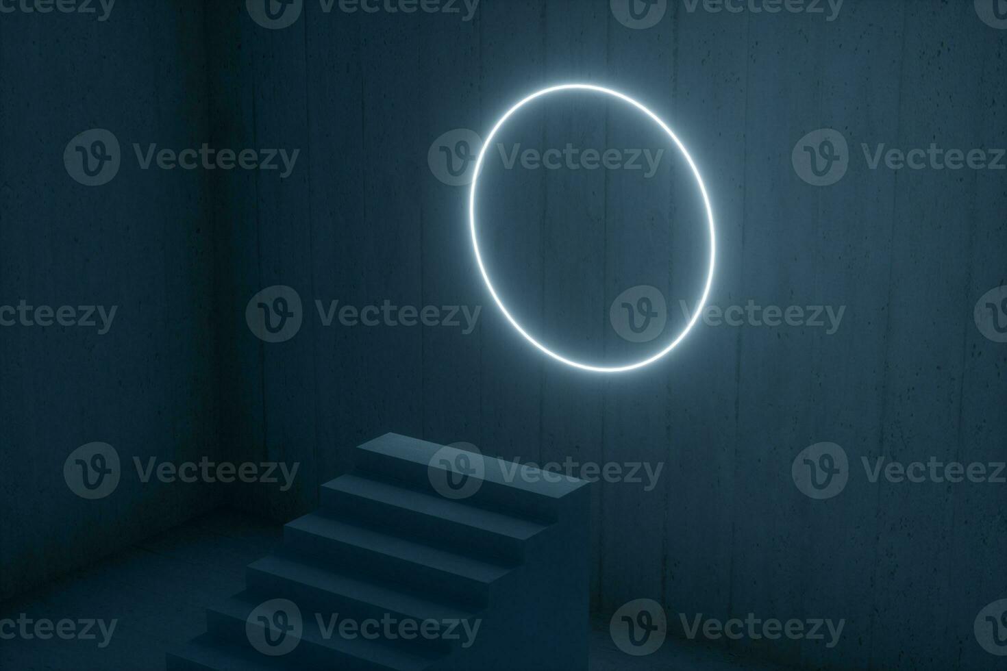 The stairway in the dark basement with glowing lines, 3d rendering. photo