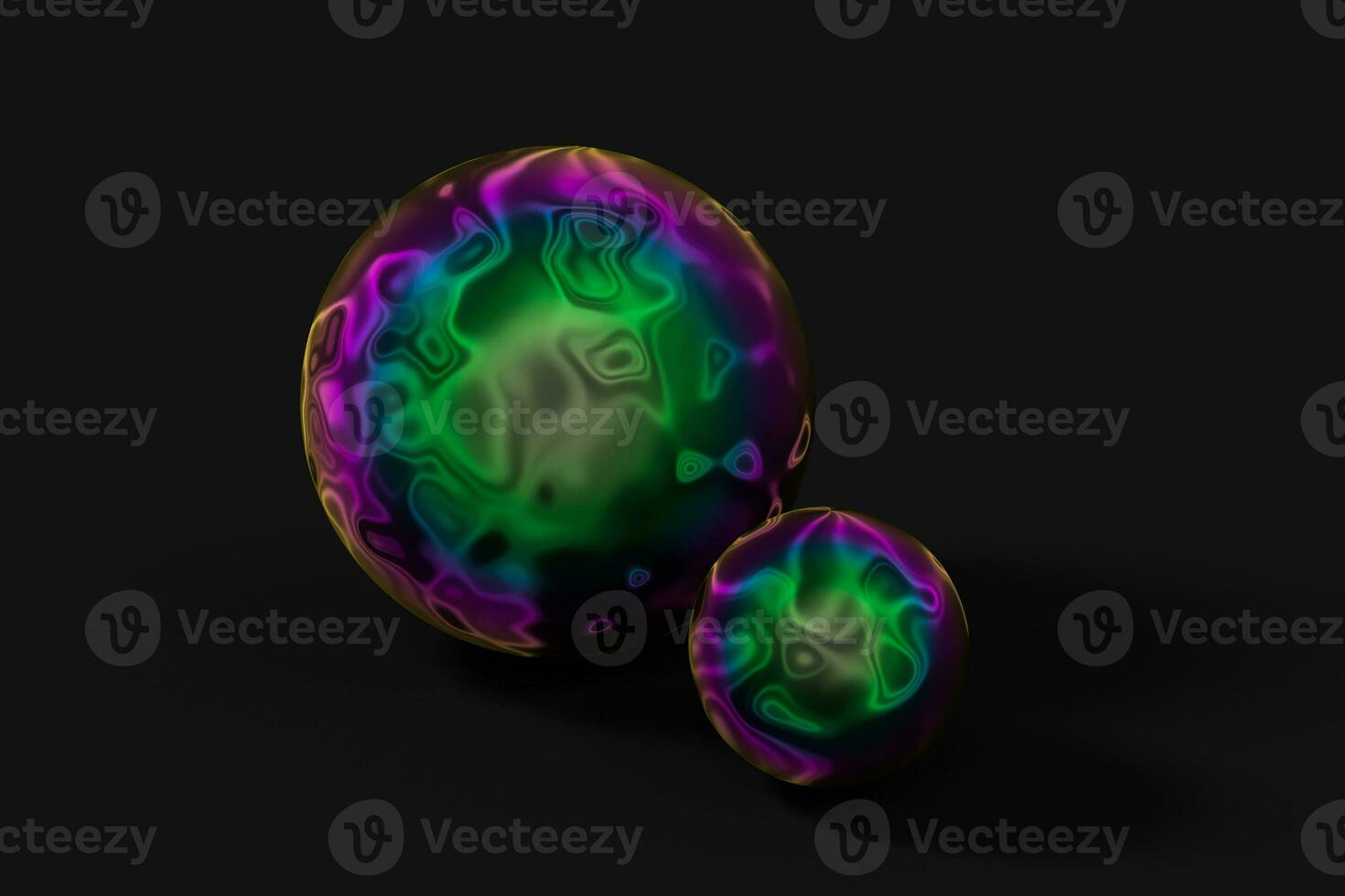Spheres with the colorful surface, dark background, 3d rendering. photo