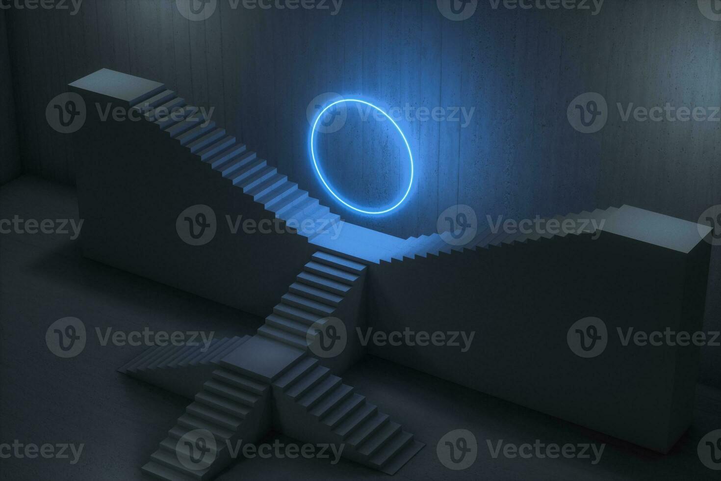 The stairway in the dark basement with glowing lines, 3d rendering. photo