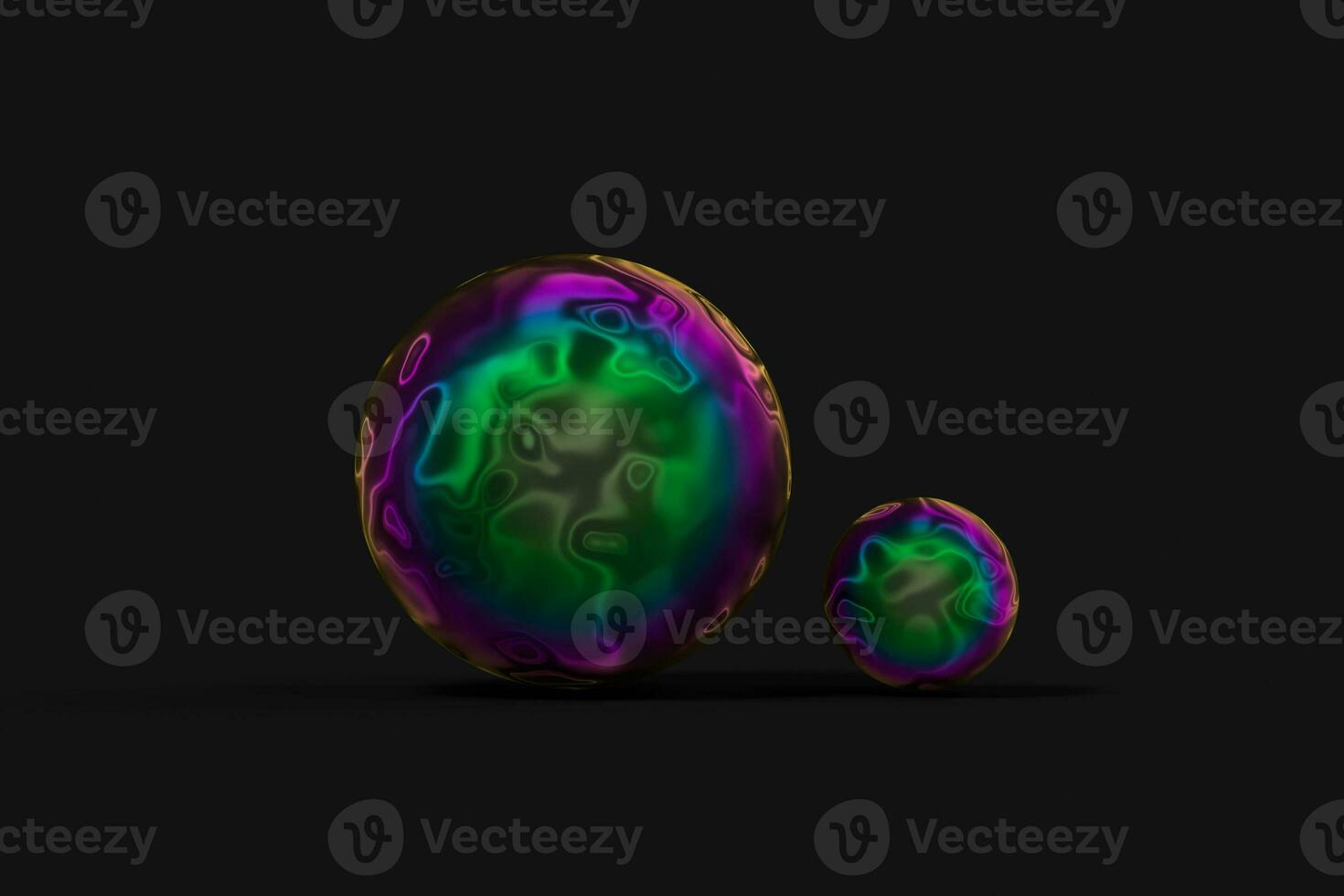 Spheres with the colorful surface, dark background, 3d rendering. photo