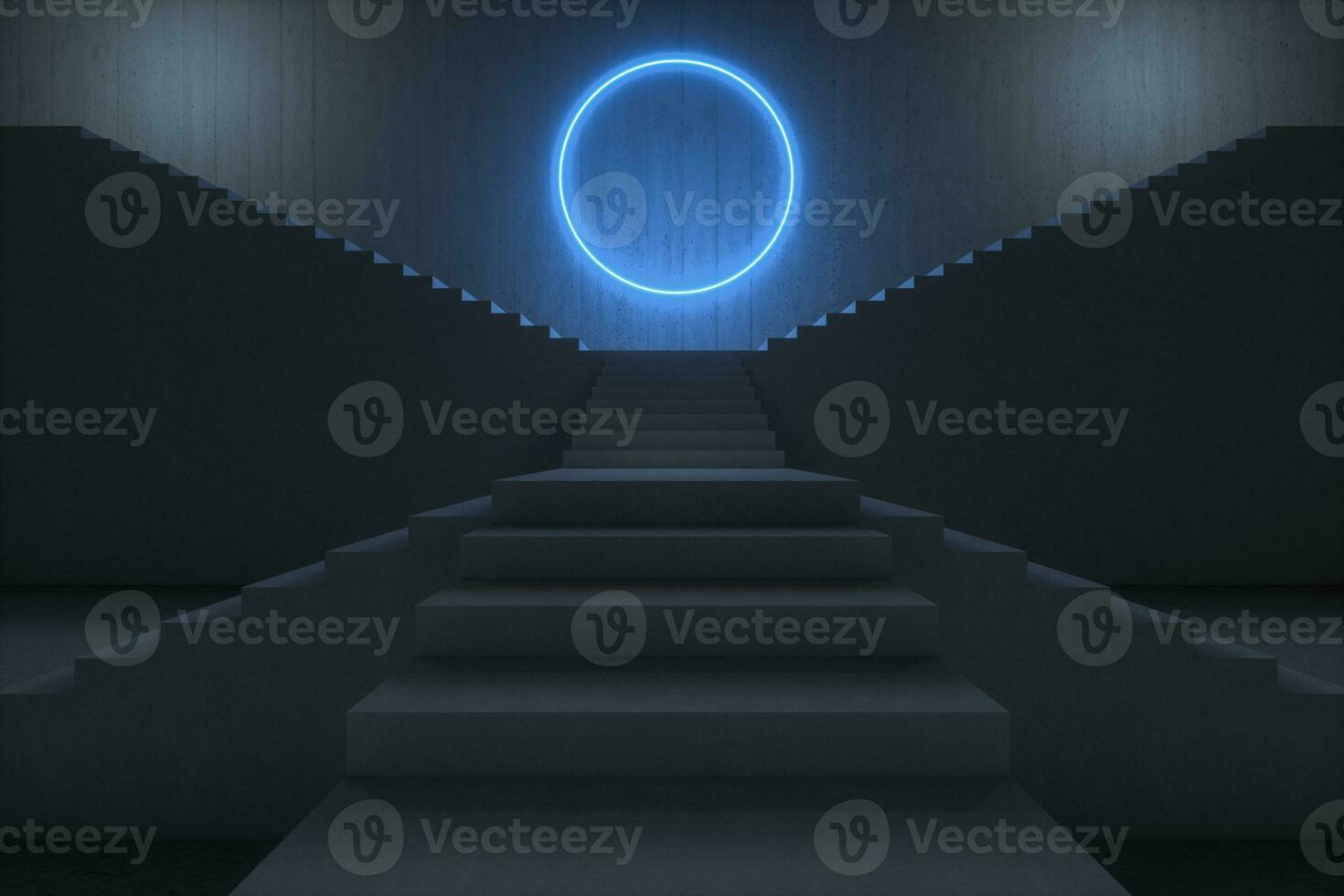 The stairway in the dark basement with glowing lines, 3d rendering. photo