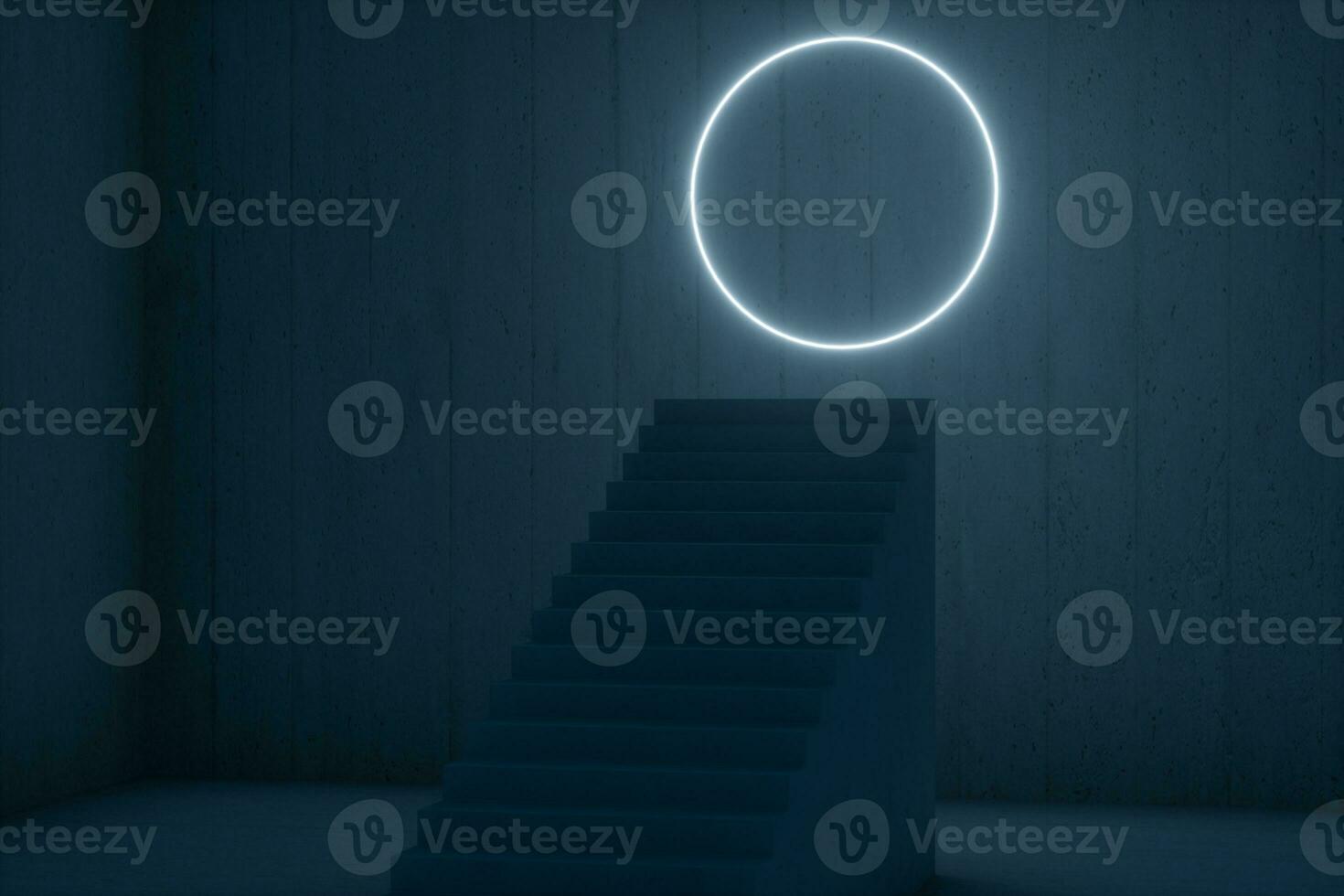 The stairway in the dark basement with glowing lines, 3d rendering. photo
