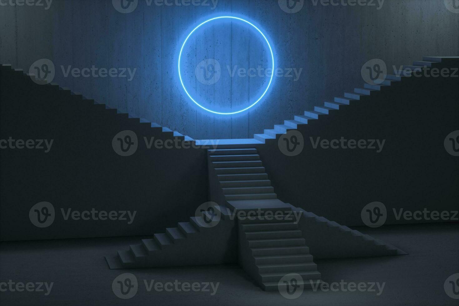 The stairway in the dark basement with glowing lines, 3d rendering. photo