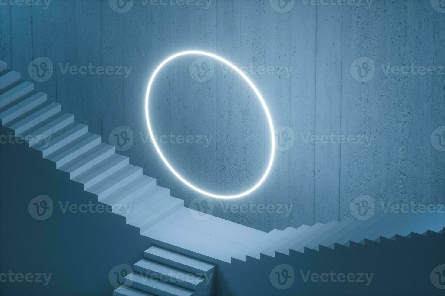 The stairway in the dark basement with glowing lines, 3d rendering. photo