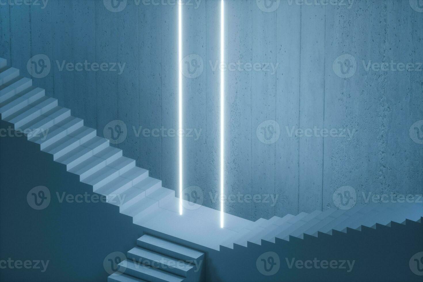The stairway in the dark basement with glowing lines, 3d rendering. photo