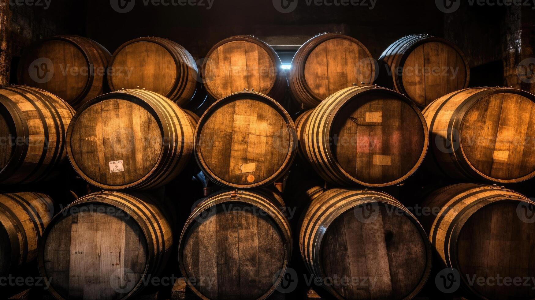 Oak barrels for beer fermentation in breweries. generative ai 27888434