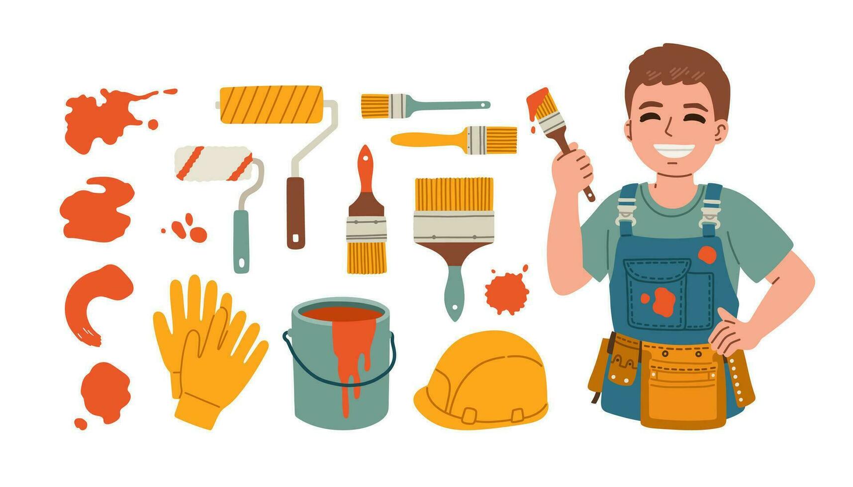 Man painter in uniform with paint brush. Set of painting tools, brush, roller. Decorator job, interior renovation service. Vector illustration. Vector illustration