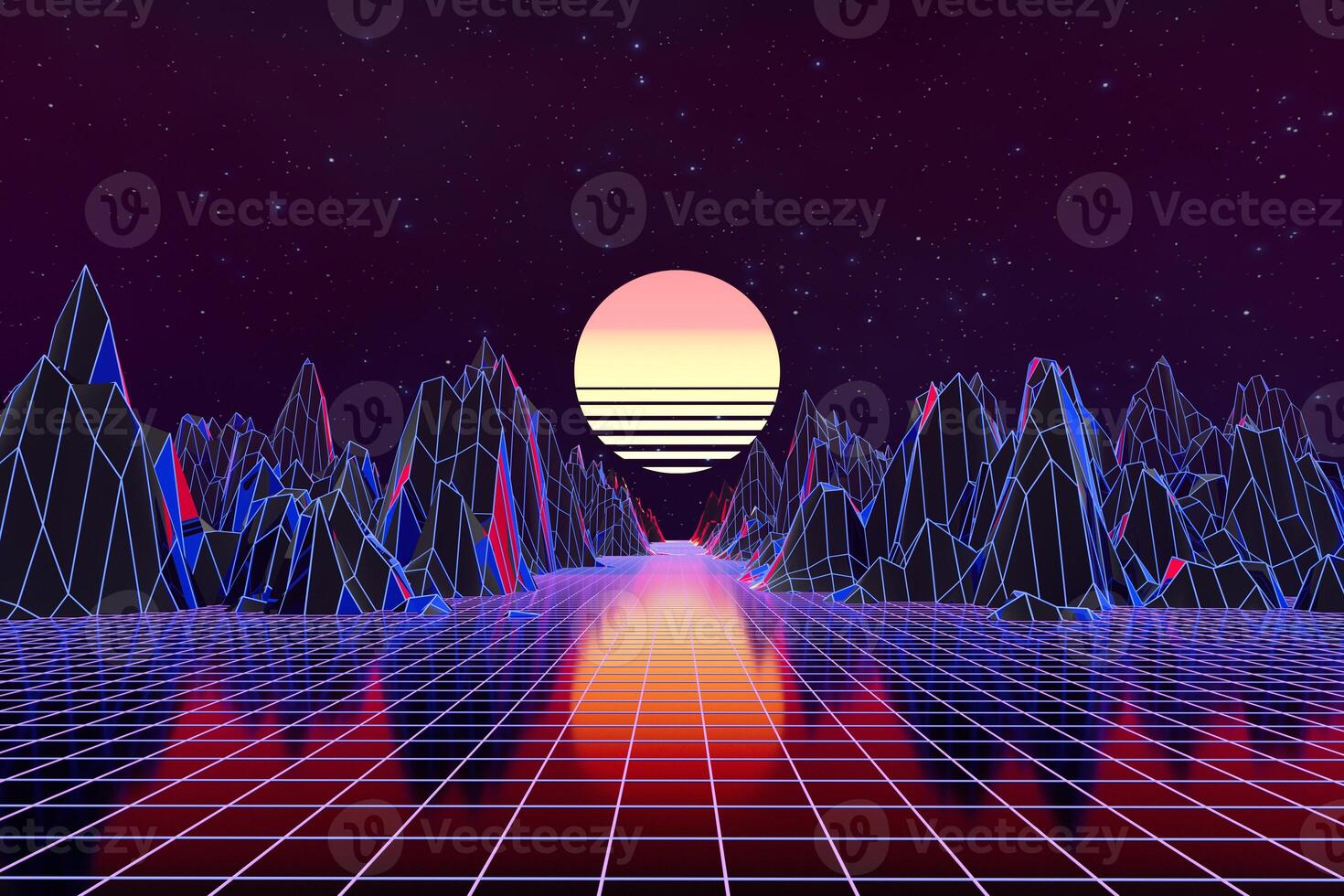 3d background Illustration Inspired by 80's Scene synthwave and retrowave. photo