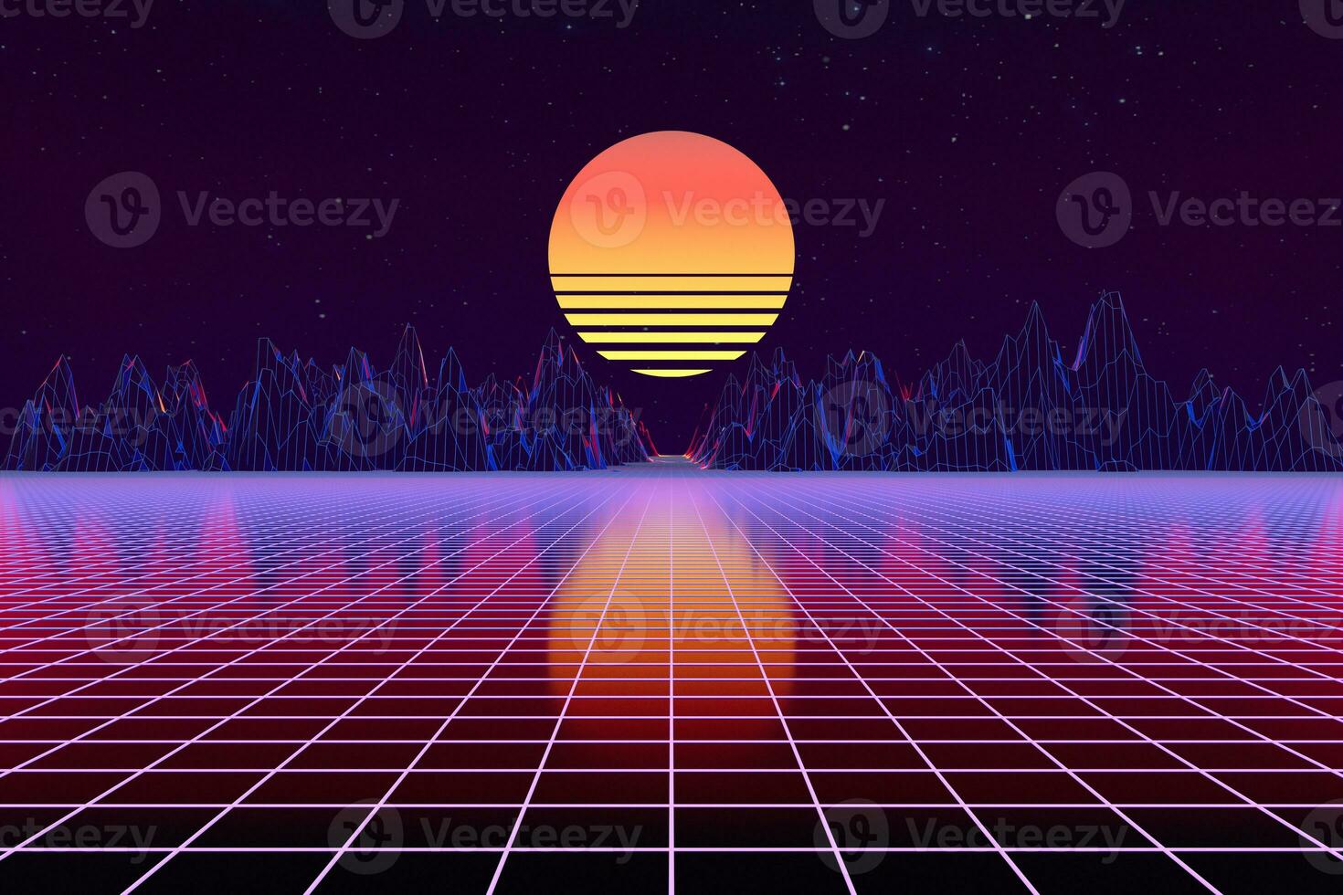 3d background Illustration Inspired by 80's Scene synthwave and retrowave. photo