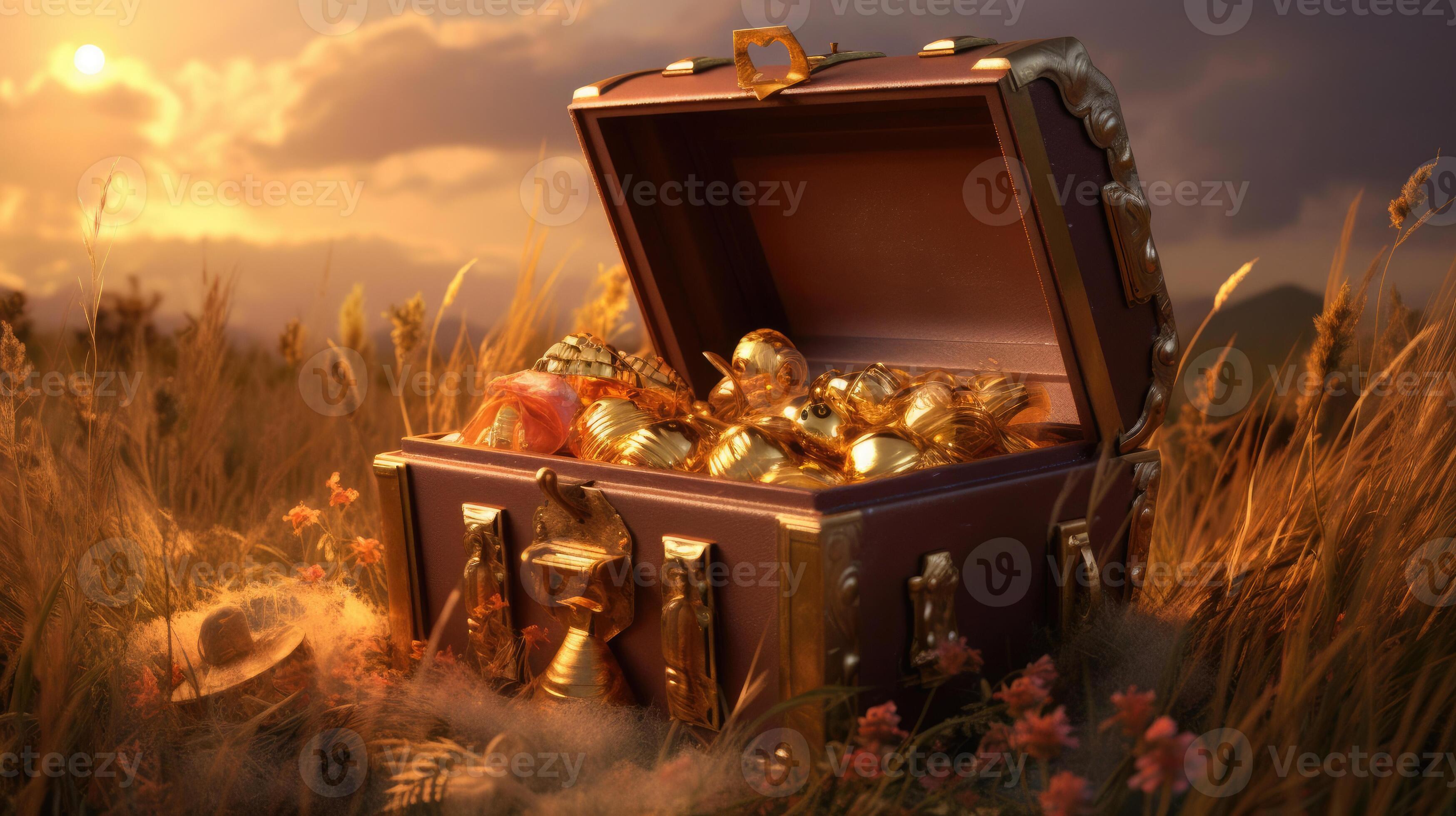 Open treasure chest filled with gold coins. Generative Ai 27888894