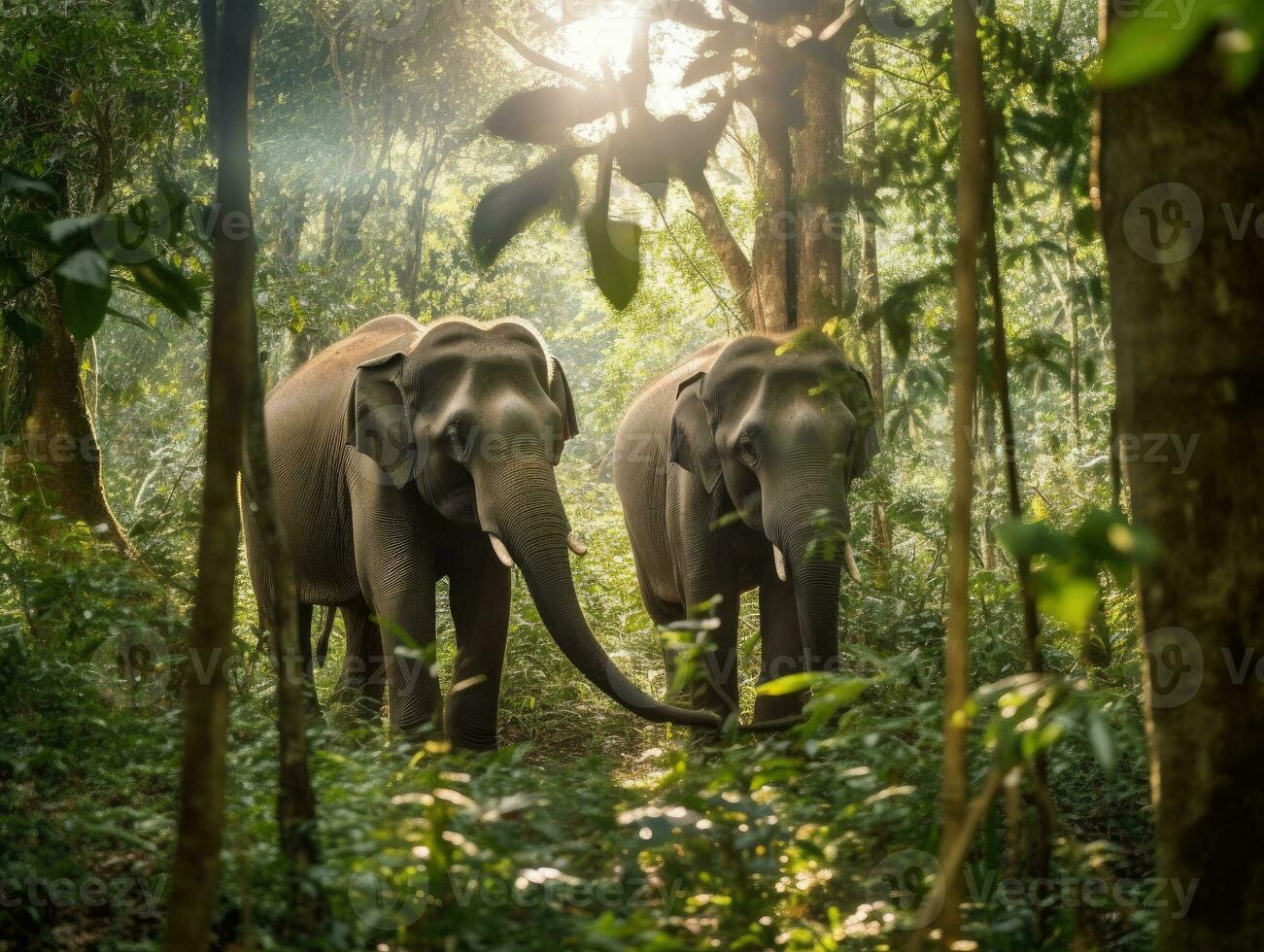 Thai elephants in the forest. Generative Ai. photo