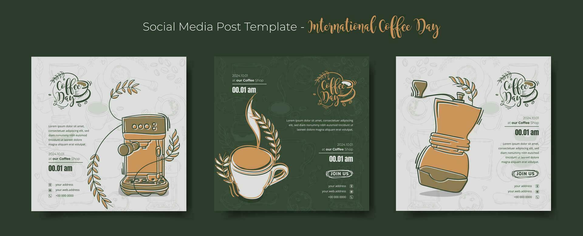 conjunto de social medios de comunicación enviar modelo con café y café fabricante en garabatear Arte diseño para café día vector
