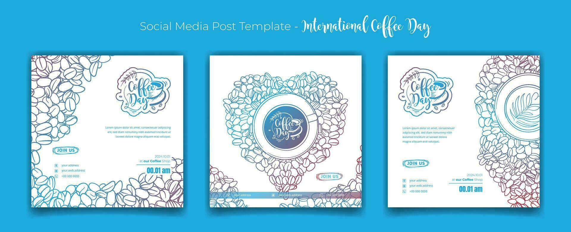 Set of social media post template with coffee beans form heart shape for coffee day campaign design vector
