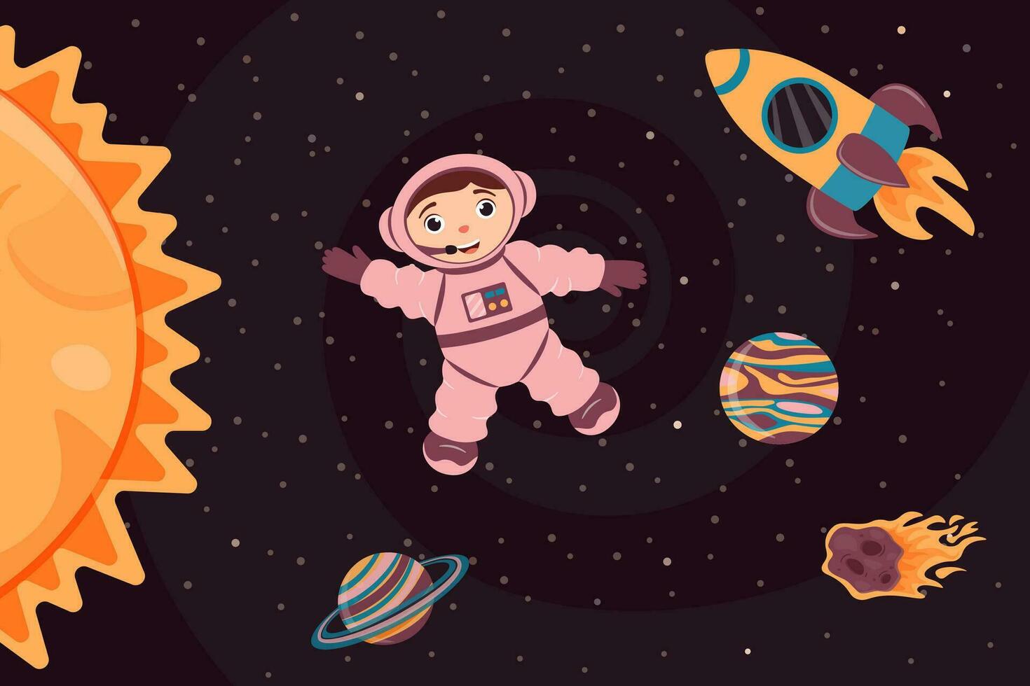 Background with cute astronaut, rocket, planet and meteorite in cartoon style. vector