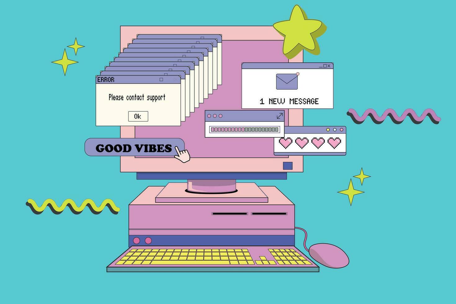 PC with monitor keyboard and mouse in retro style. Computer with user interface elements. Old computer aestethic. Retro pc elements, user interface. Nostalgia for 1990s -2000s. Vector illustrations.