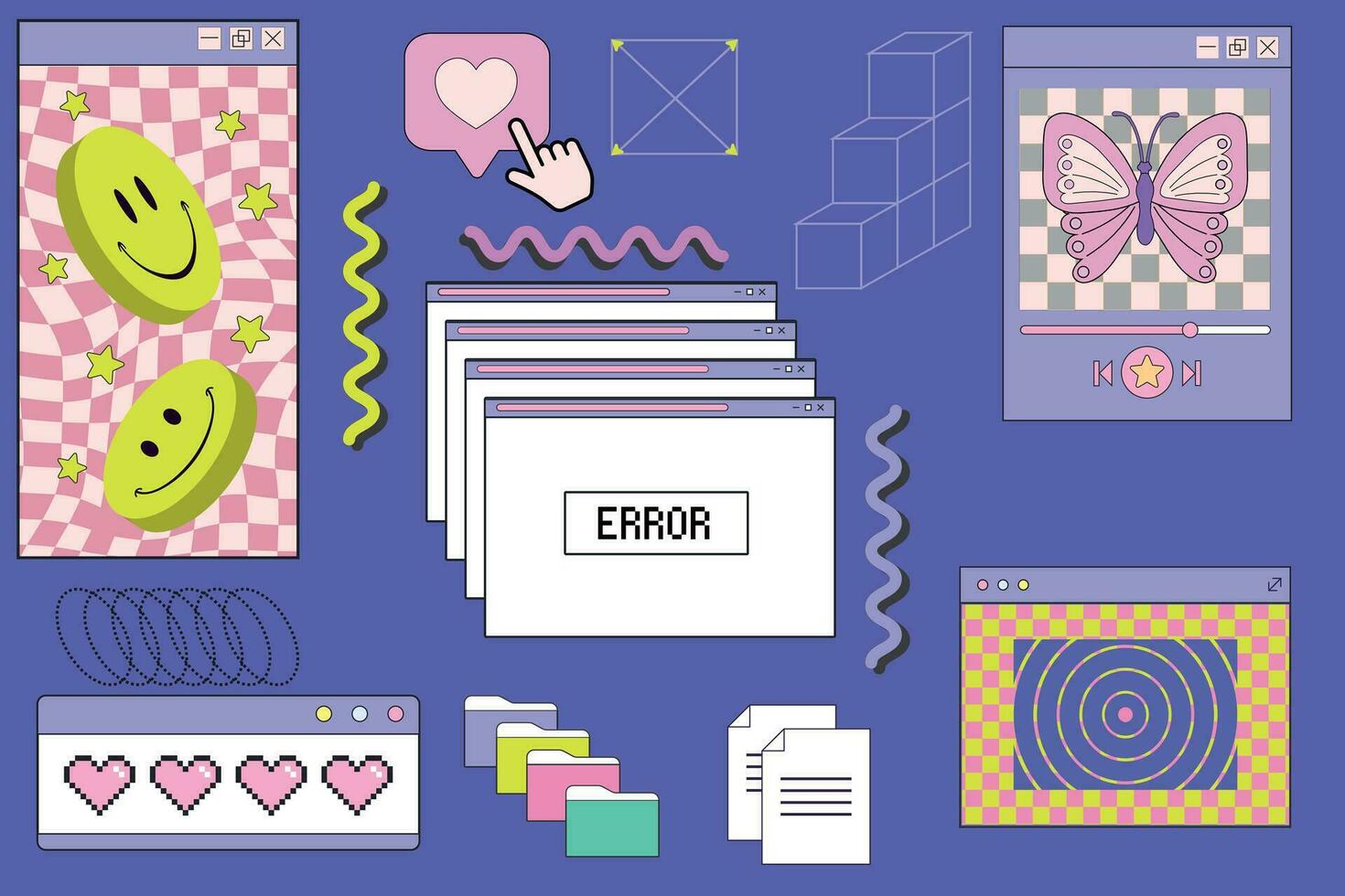 Trendy stickers Y2k. Flat design. Checker board print Retro elements. Old computer aestethic. Retro pc elements, user interface. Nostalgia for 1990s -2000s. Vector illustrations.