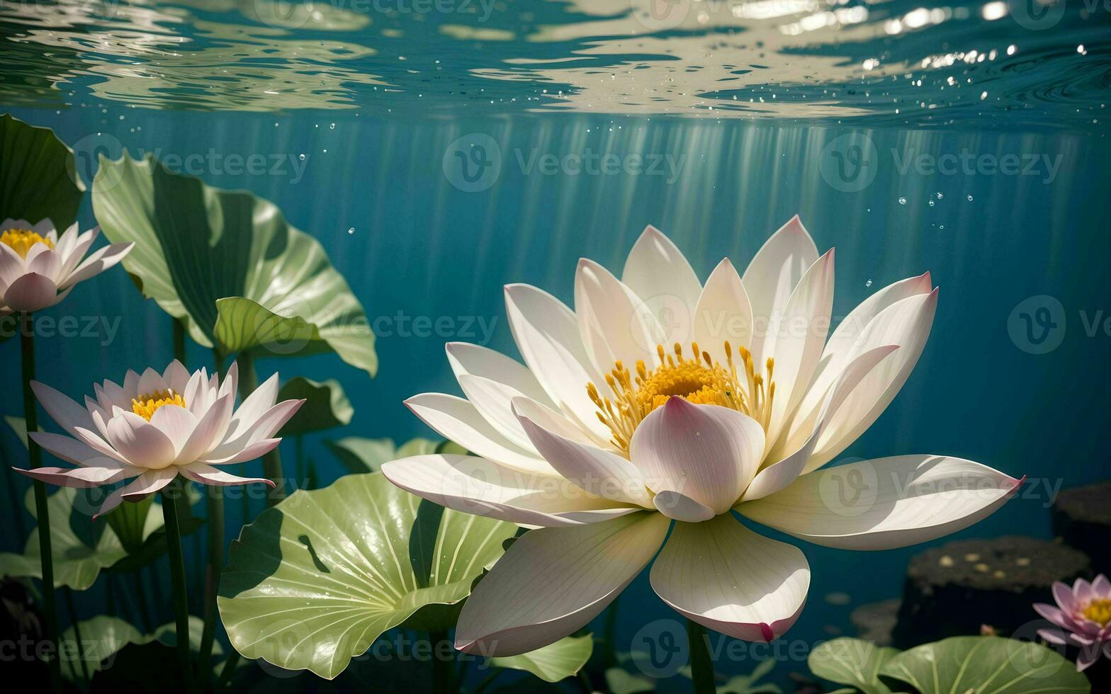 The Exquisite Pink Lotus Blossom Submerged in Tranquility ai generated photo