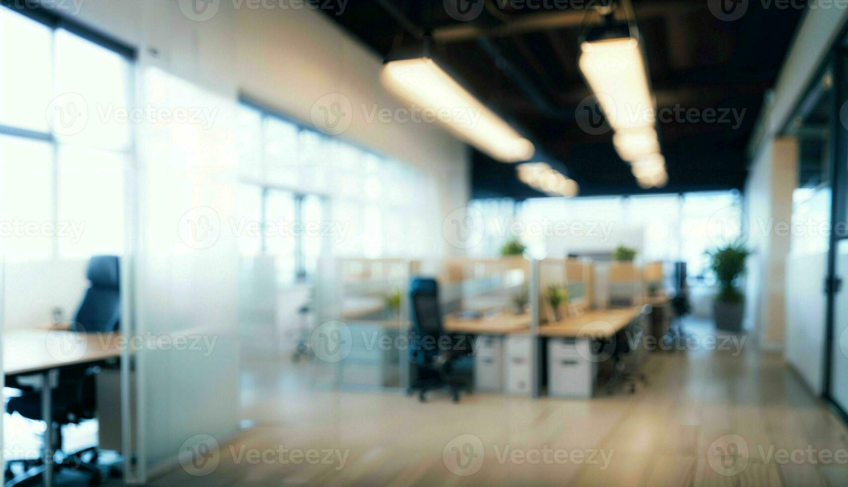 Blurred Background of a Light Modern Office with Panoramic Windows and Beautiful Lighting ai generated photo