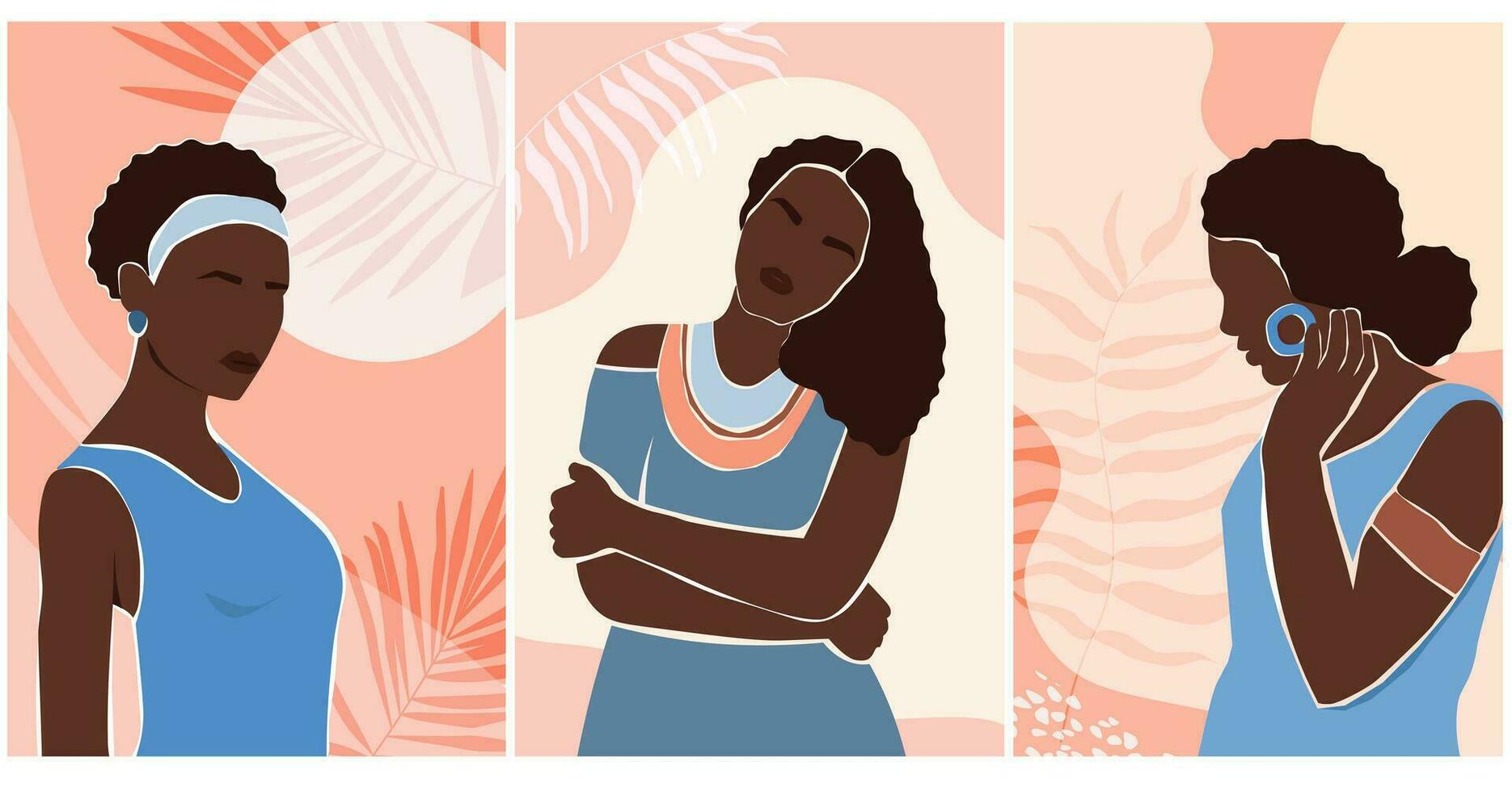 Set posters with beautiful African women. Abstract contemporary girls on a background of tropical leaves. Vector graphics.