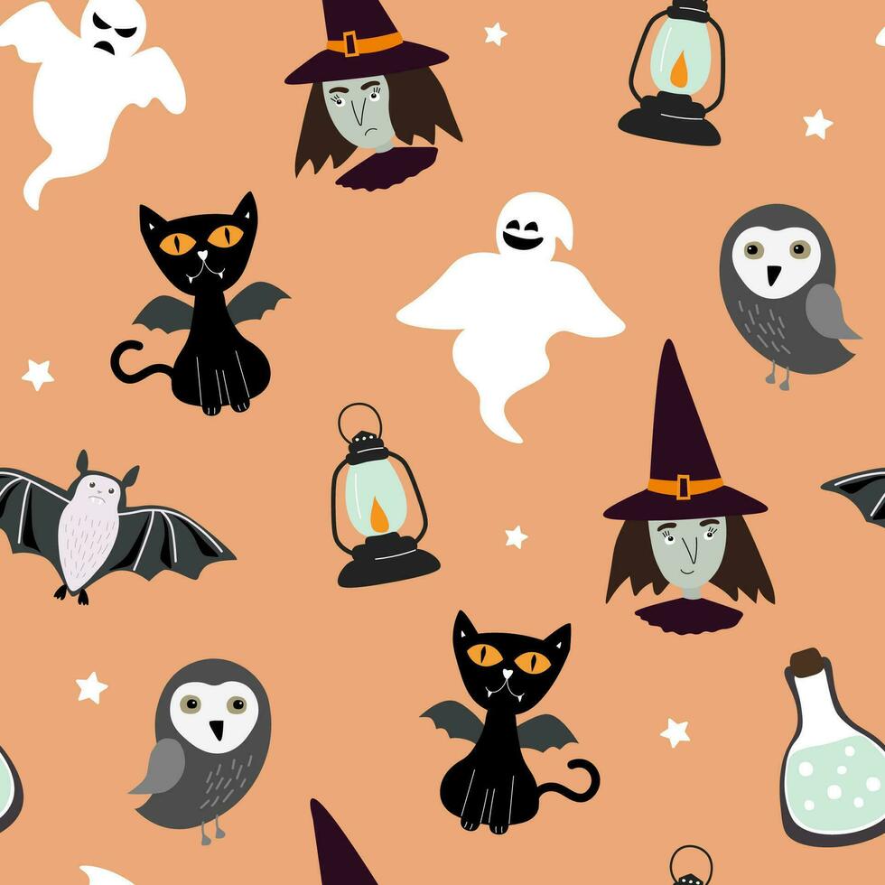 Seamless pattern with witches, black cats, ghosts, potion, lantern. Print for Halloween. Vector graphics.