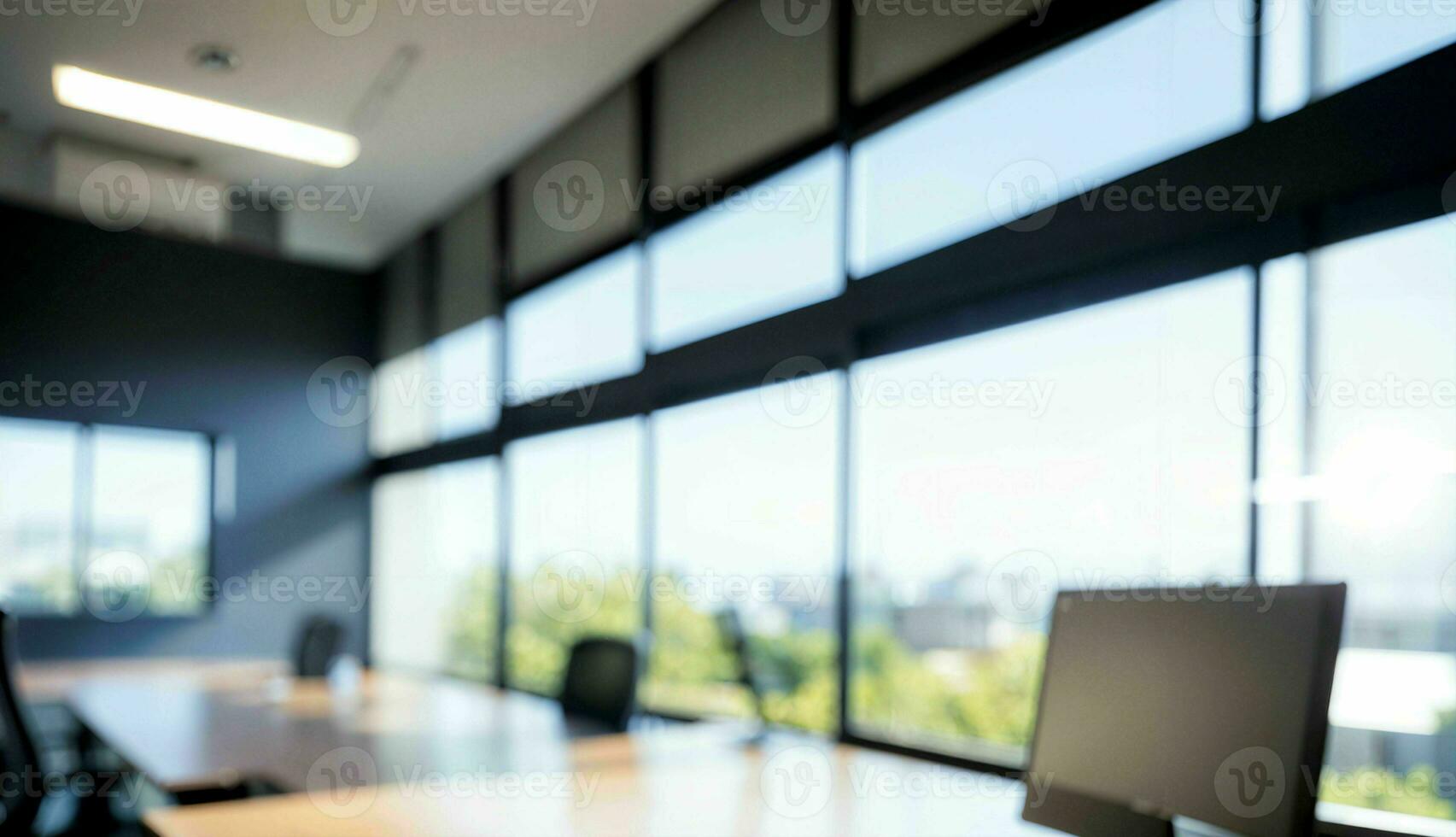 Blurred Background of a Light Modern Office with Panoramic Windows and Beautiful Lighting ai generated photo