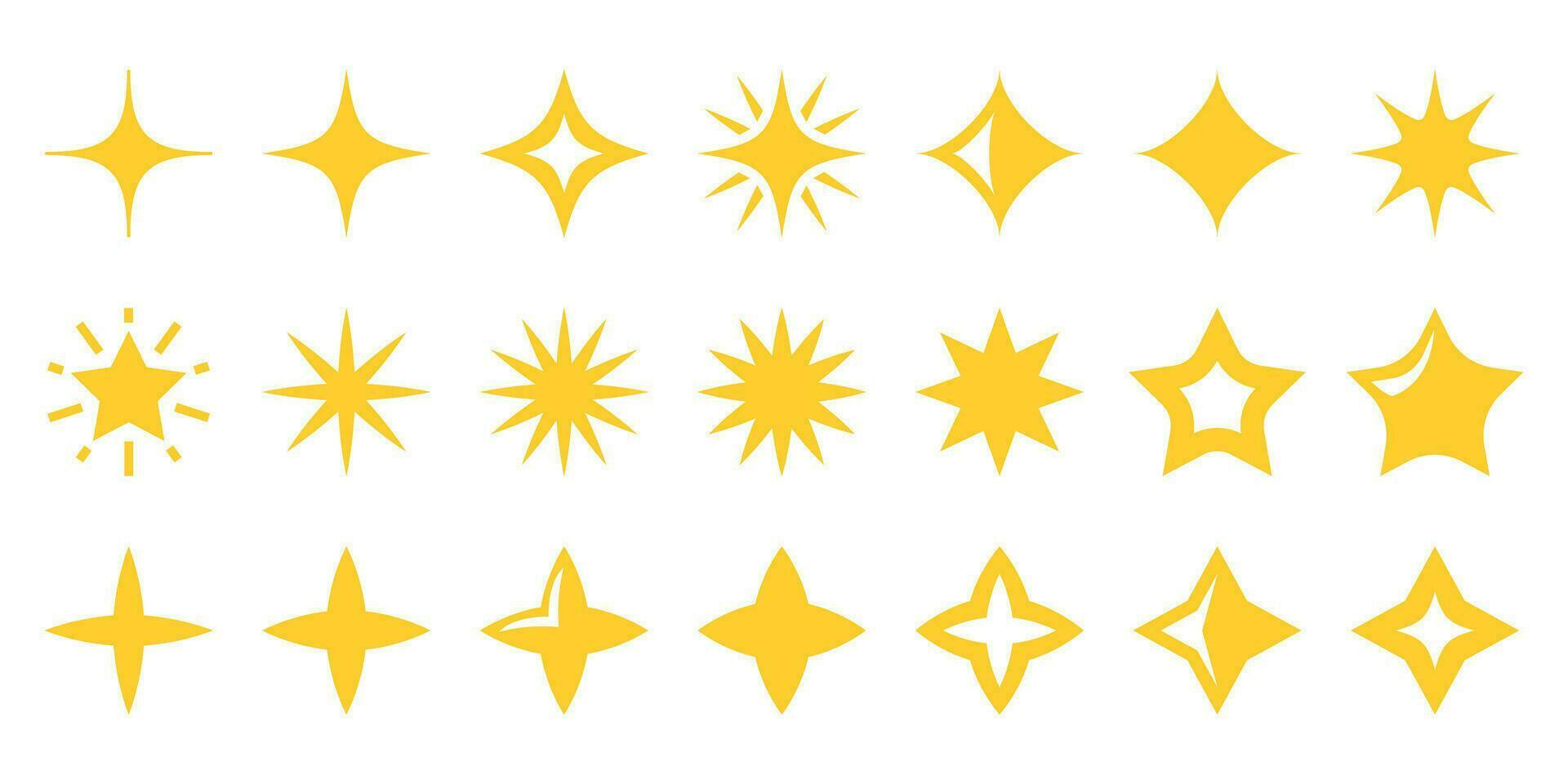 Yellow stars and sparkles icon set isolated on white background. Collection of twinkling stars of various shapes. vector