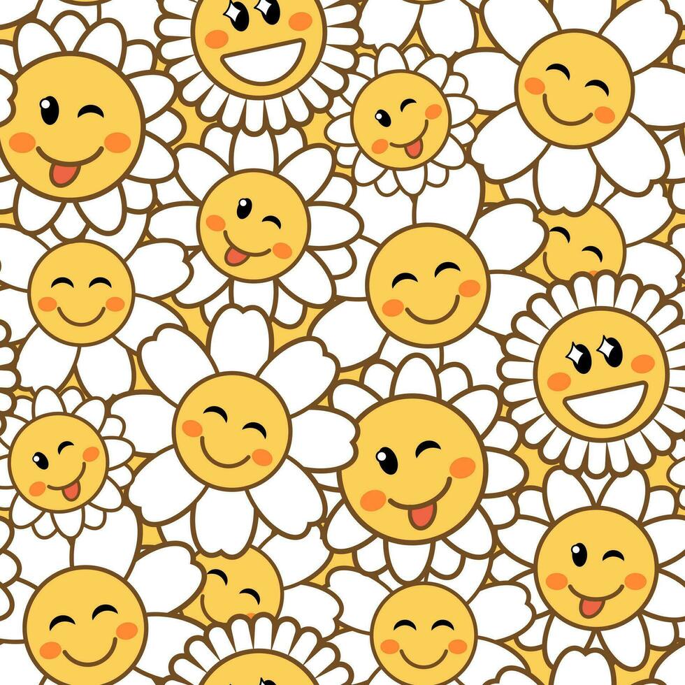 Seamless floral pattern with cute cartoon chamomile. Flowers with funny smiling faces. vector