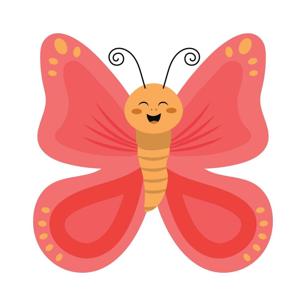 plano ilustración de un vistoso alegre mariposa con rosado alas en un blanco antecedentes. vector