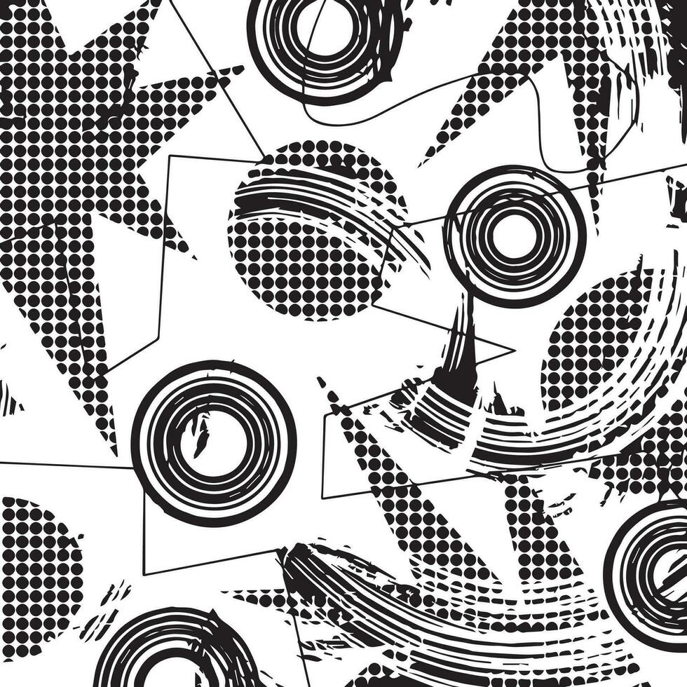 Abstract polka dots, brush strokes, and lines decorative elements vector background isolated on square white template. Simple flat monochrome wallpaper backdrop.