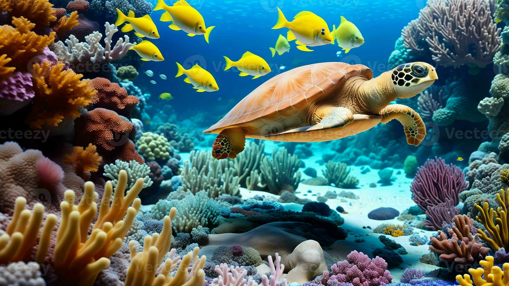 explorador el vibrante submarino mundo con tortugas, vistoso pez, y coral arrecifes ai generado foto