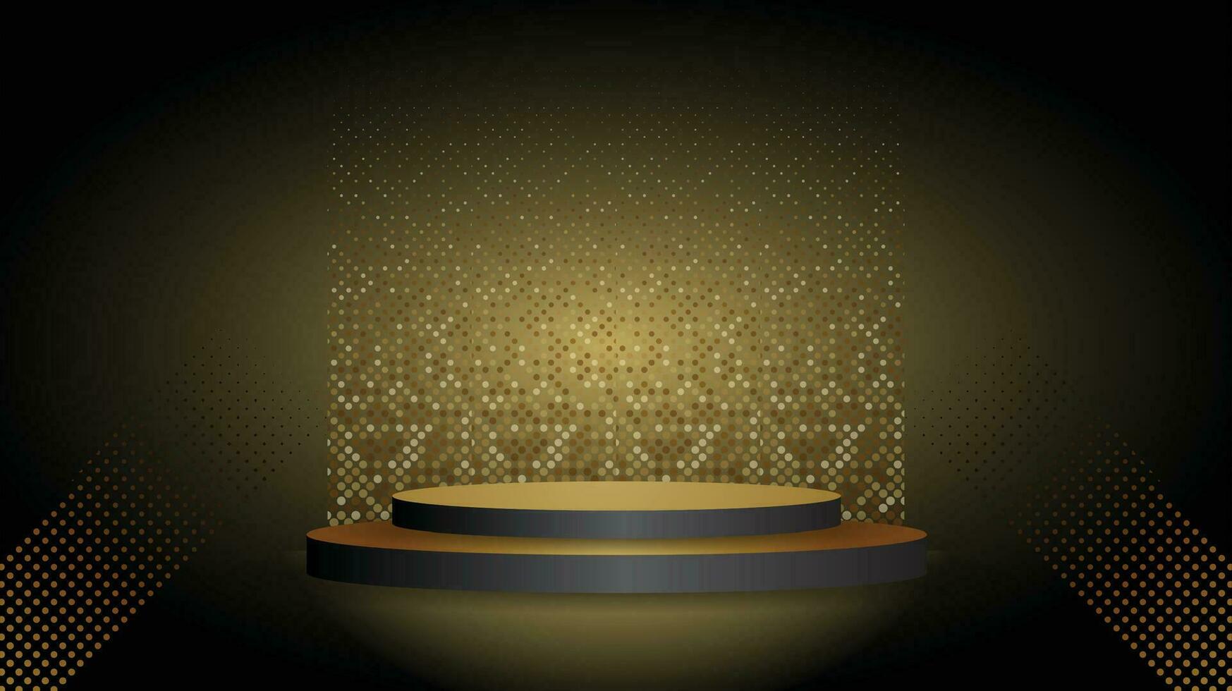 Abstract background gold podium for product stadium stage hall presentation with scenic lights of round futuristic neon glowing round frame and rays.Gold vector lighting stage spotlight background.