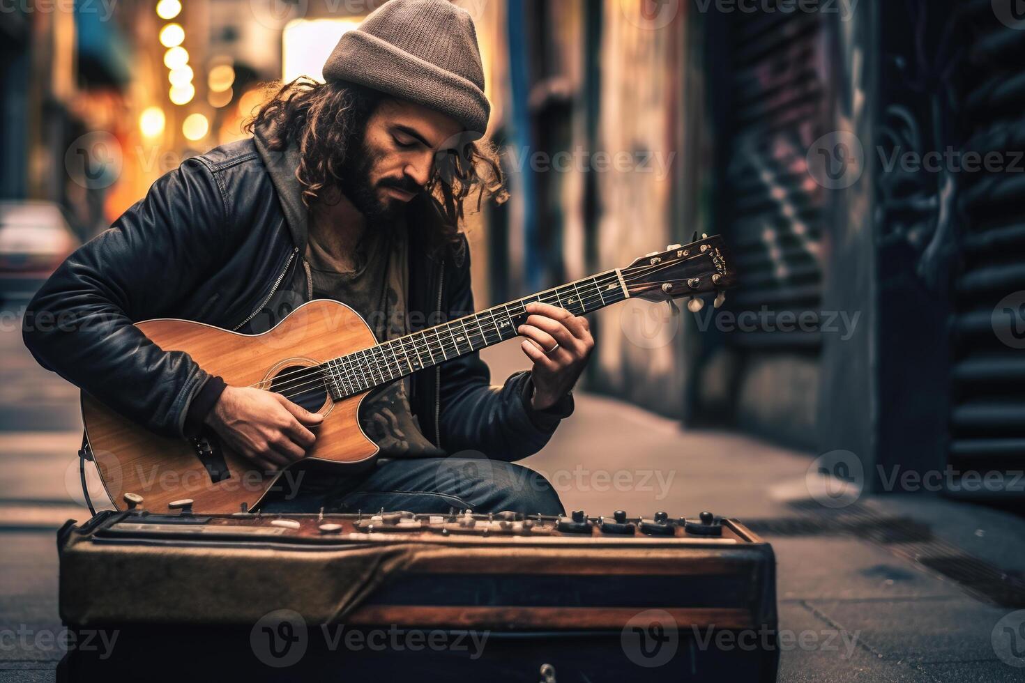 A musician channels his passion and focus into his instrument, enlivening a city street with the raw emotion of his performance AI Generative photo