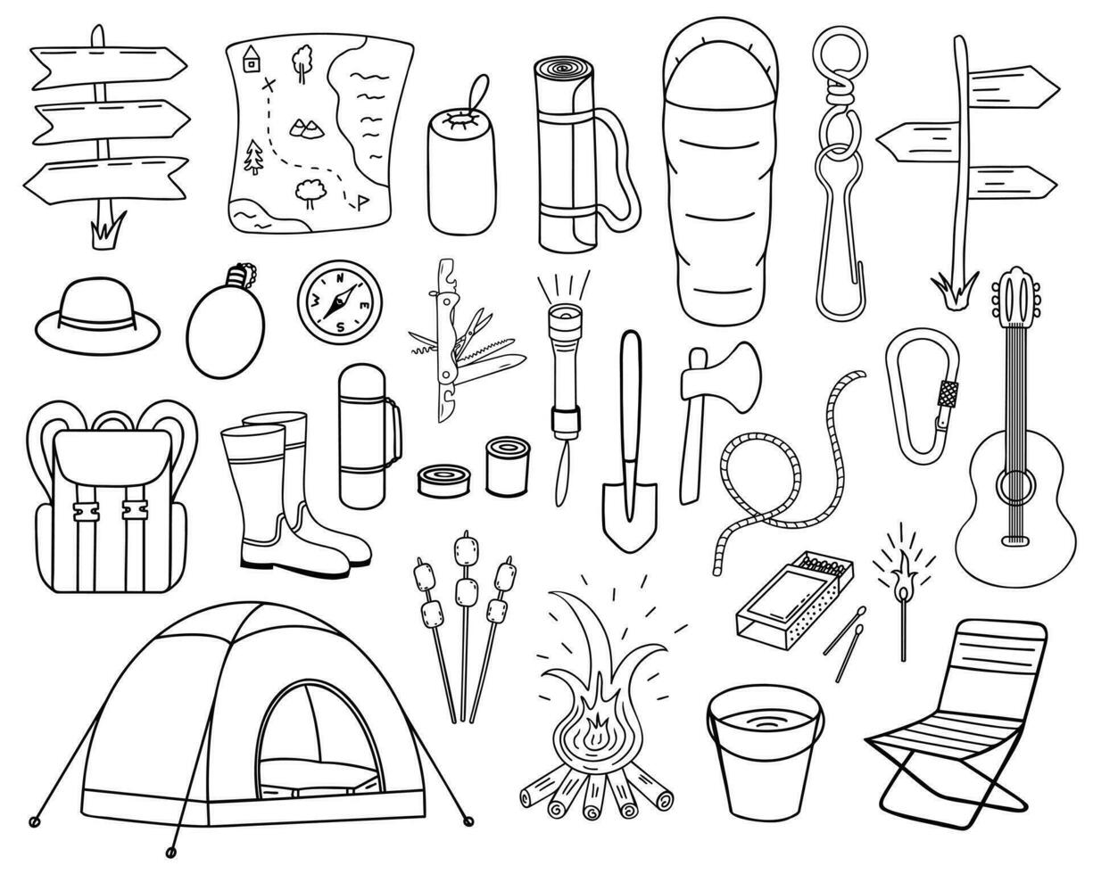 camping set, outing equipment. Illustration for printing, backgrounds, covers and packaging. Image can be used for greeting cards, posters, stickers and textile. Isolated on white background. vector