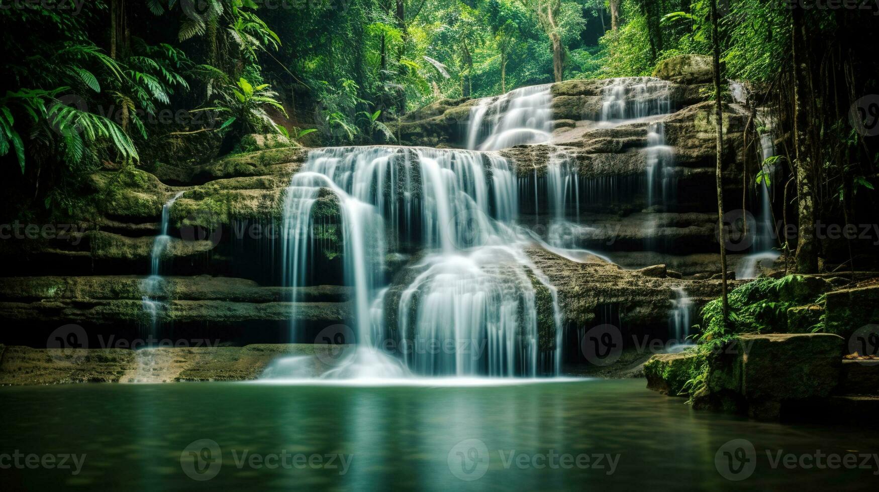 slow shutter speed photo of waterfall in the jungle, clear water AI Generative