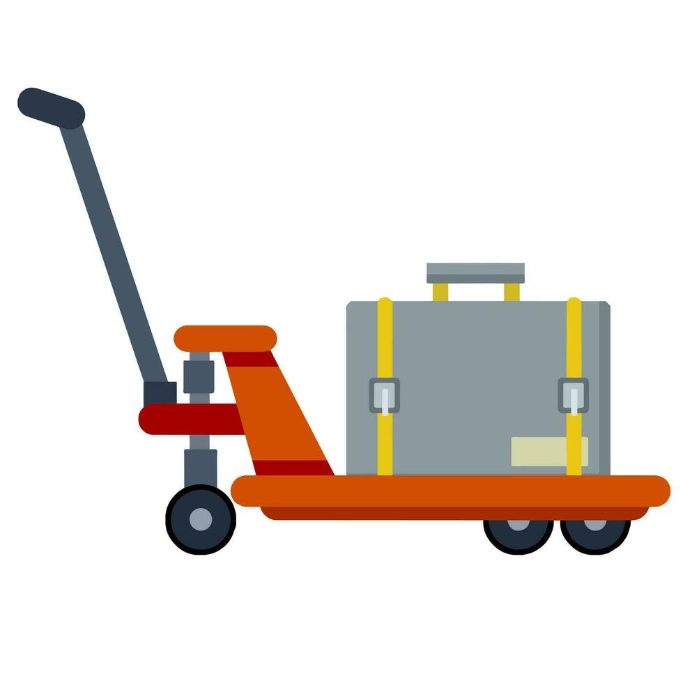 Platform trolley and Handcart with Luggage and suitcase. Stack of baggage, briefcase and bag. Logistics and transportation. Flat cartoon isolated on white. Hand cart vector