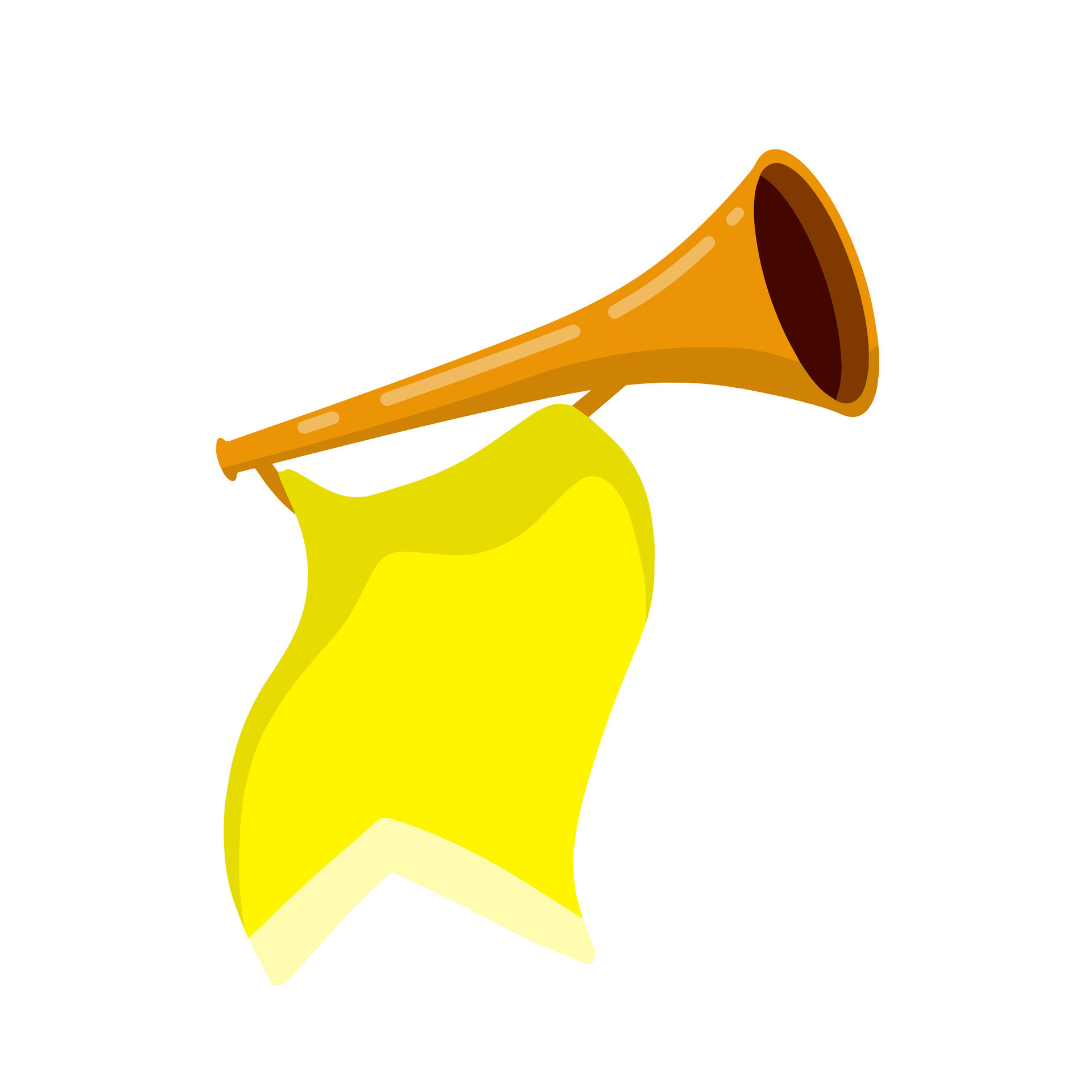 Trumpet. Musical instrument. Golden horn with yellow flag. Solemn