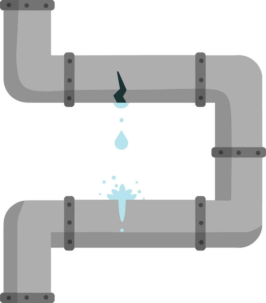 Steel pipe for water. Sewerage and water supply. Mechanical part. Kitchen tube. Home communication system. Cartoon flat illustration. Water leak, spill and blue drops. Broken part. vector