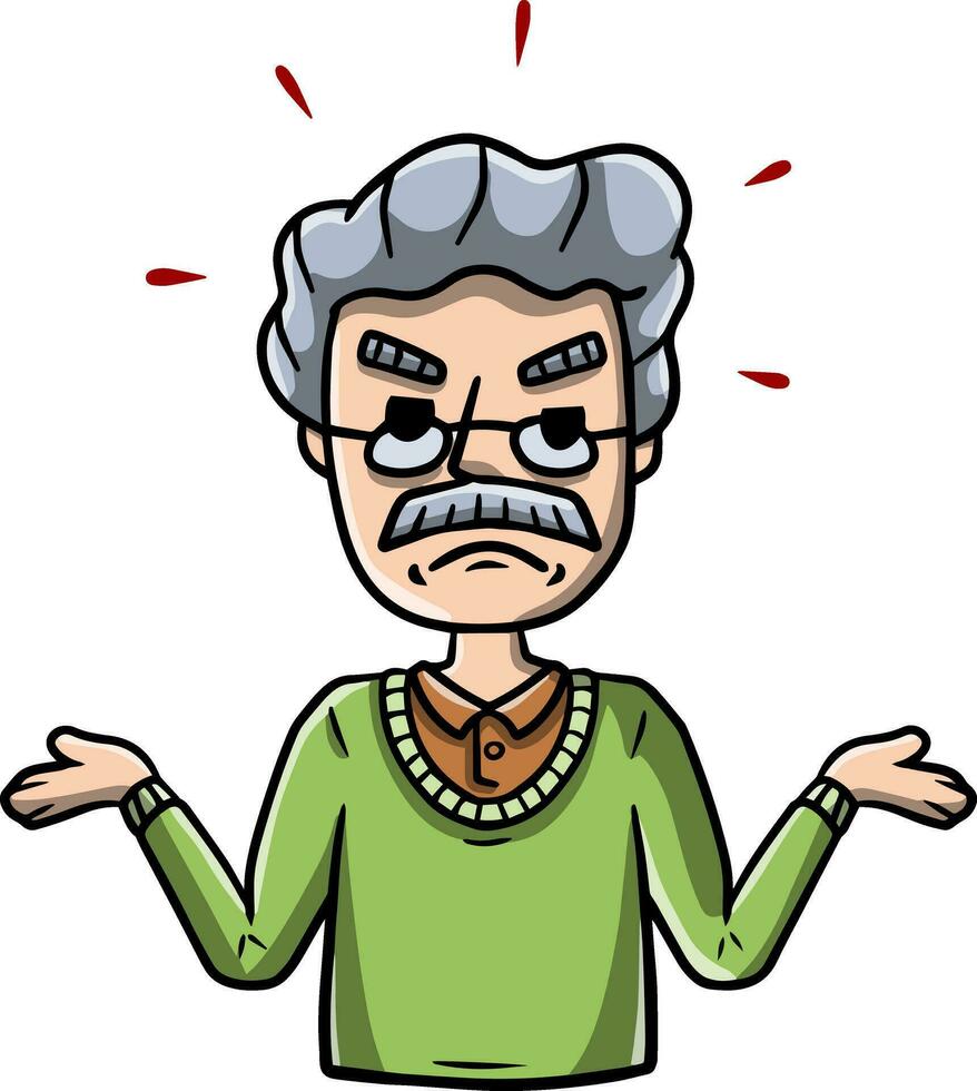 Disgruntled man threw up his hands. Sad character. sorrowful guy. Emotions of malice and unfortunate. Hand-drawn sketch. Unhappy guy vector