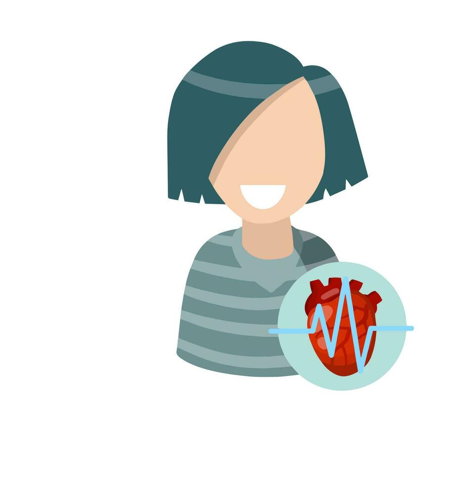 proteger con corazón. salud de cardio sistema. contento paciente personaje. sonriente mujer. médico icono. plano dibujos animados ilustración aislado en blanco antecedentes vector