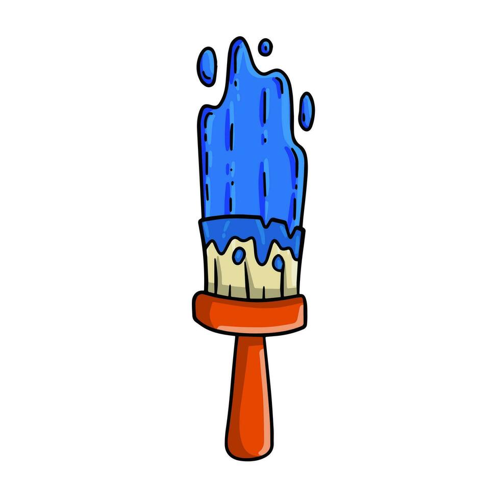 Brush with paint. Blue stroke of red tool. Repair and work of painter. Art and artwork. Cartoon illsutration isolated on white background vector